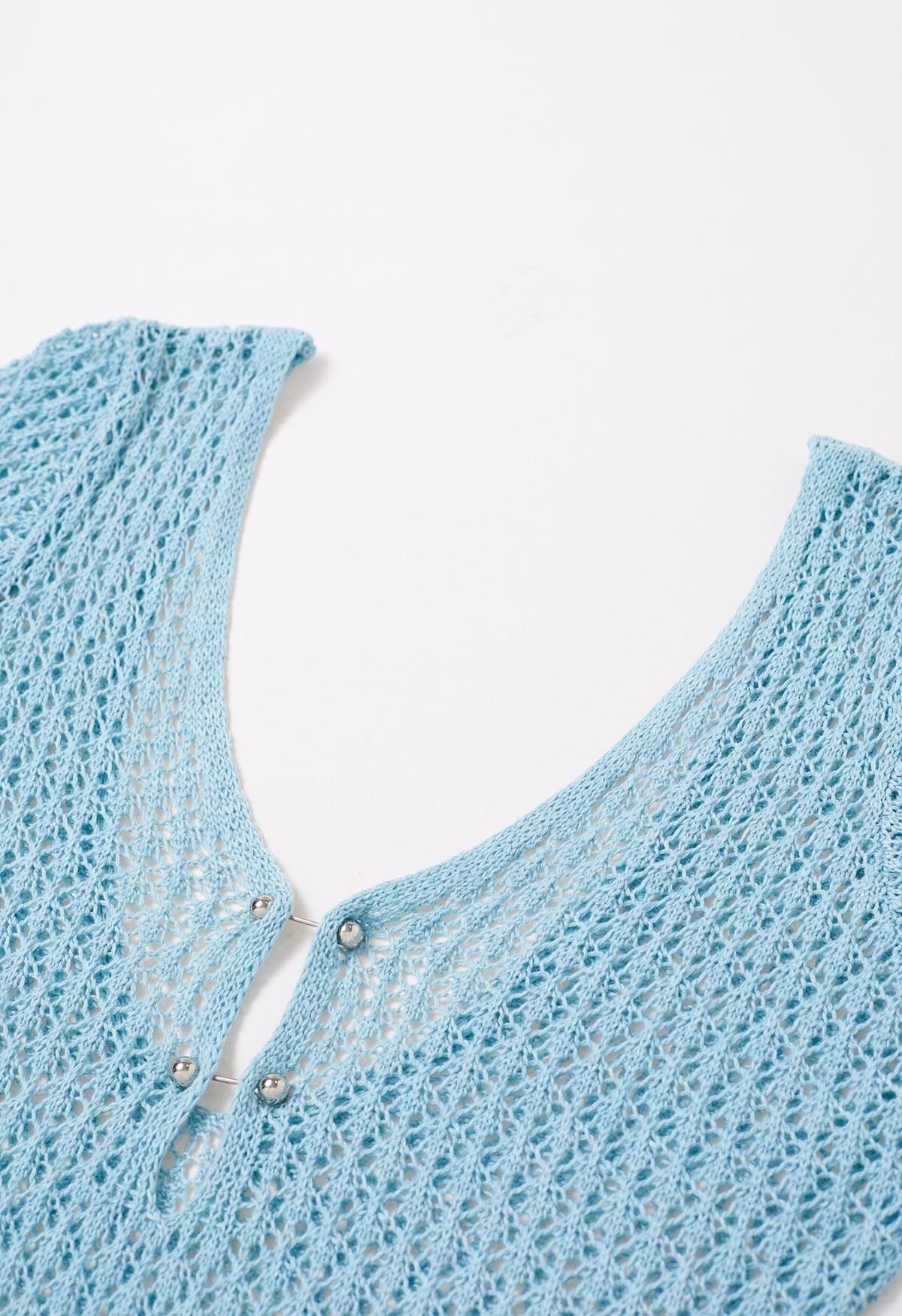 Open Back Bead Decor Crochet Cover-Up in Blue