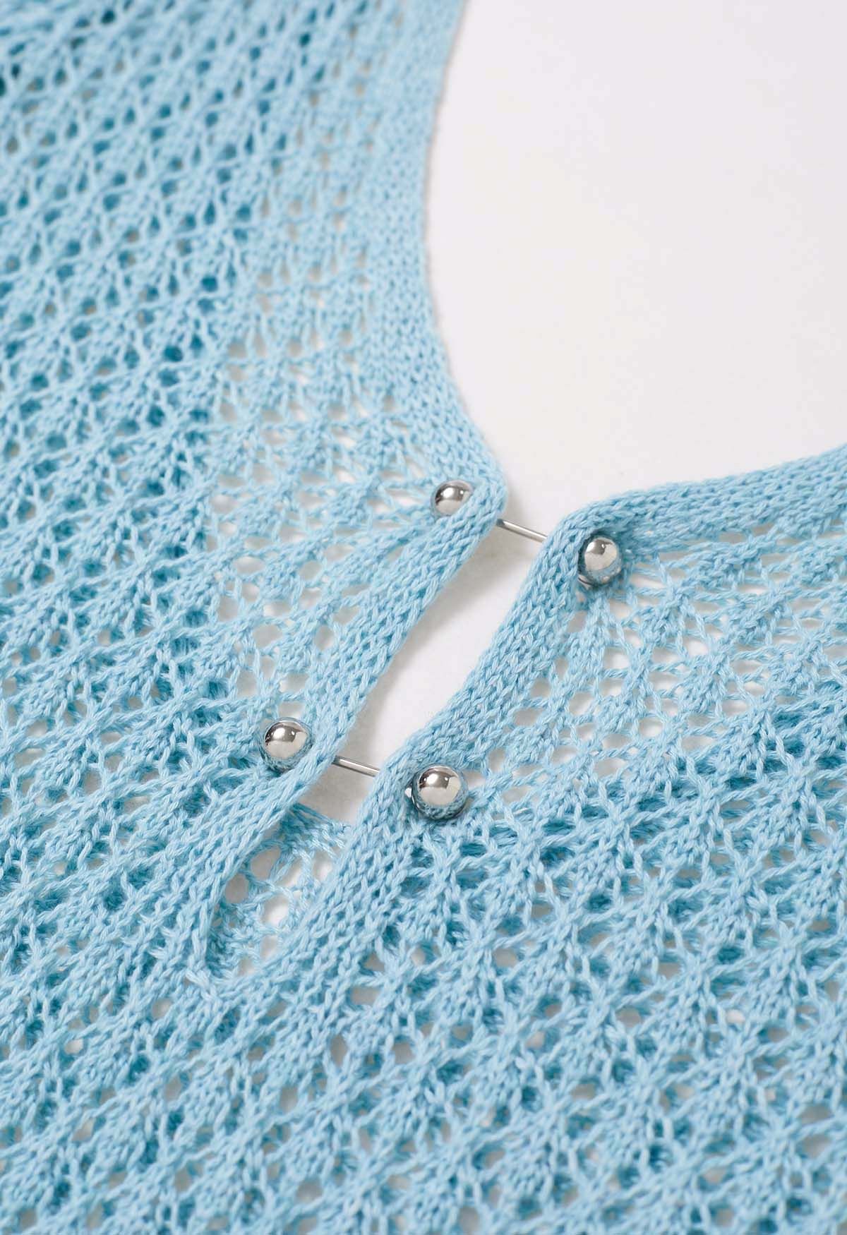 Open Back Bead Decor Crochet Cover-Up in Blue