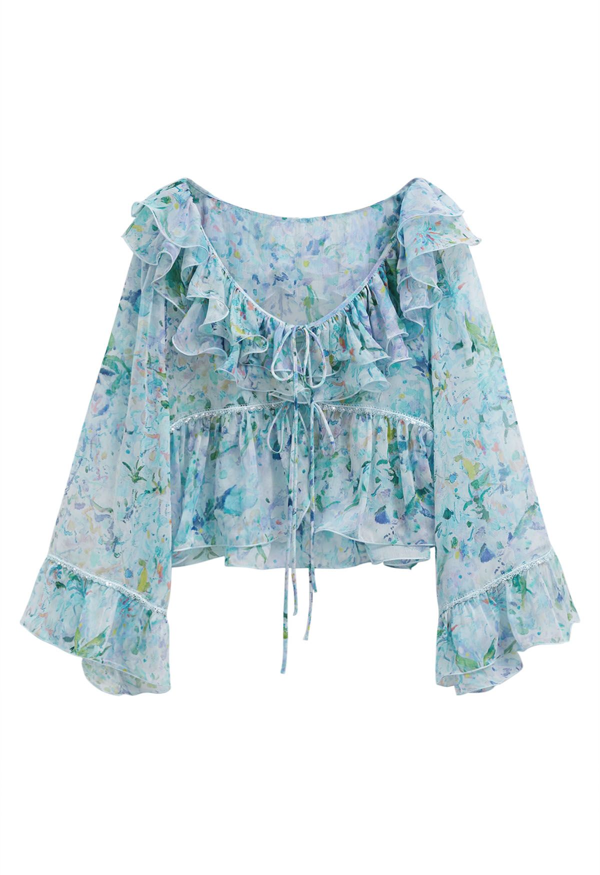 Watercolor Floral Ruffle Bell Sleeve Sheer Top in Blue