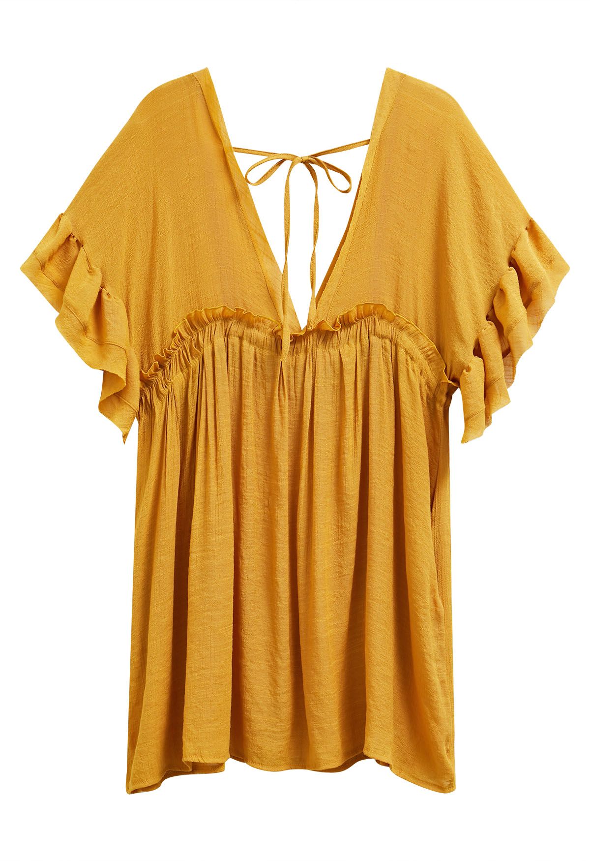 Deep V-Neck Flounce Sleeve Buttoned Cover-Up in Mustard