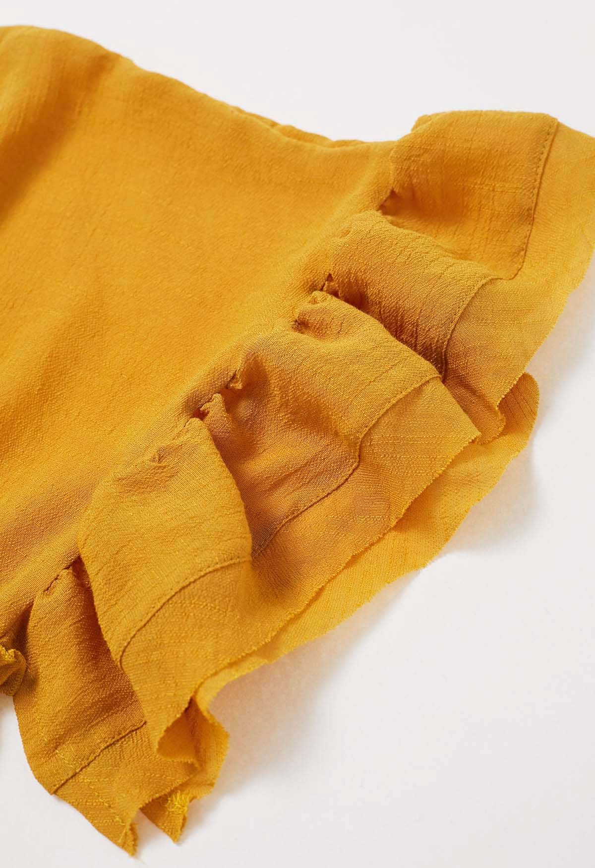 Deep V-Neck Flounce Sleeve Buttoned Cover-Up in Mustard