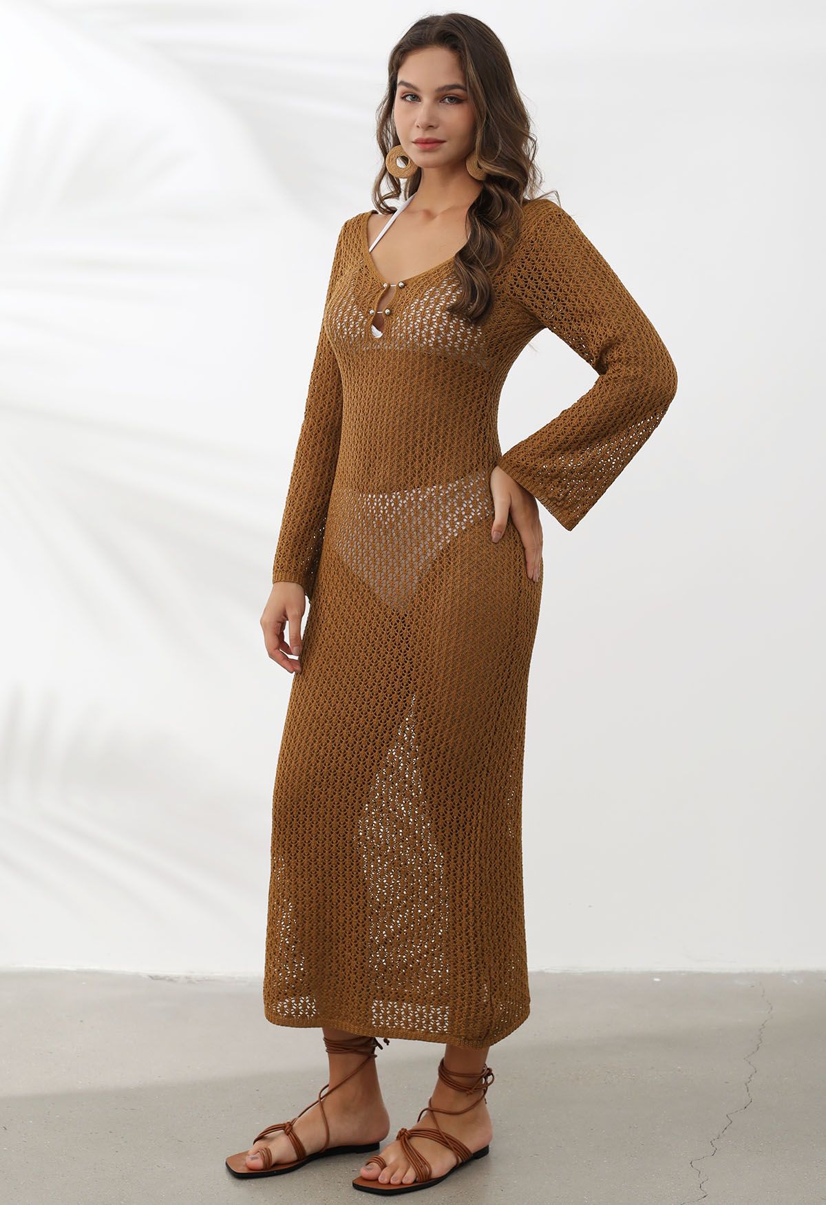 Open Back Bead Decor Crochet Cover-Up in Caramel