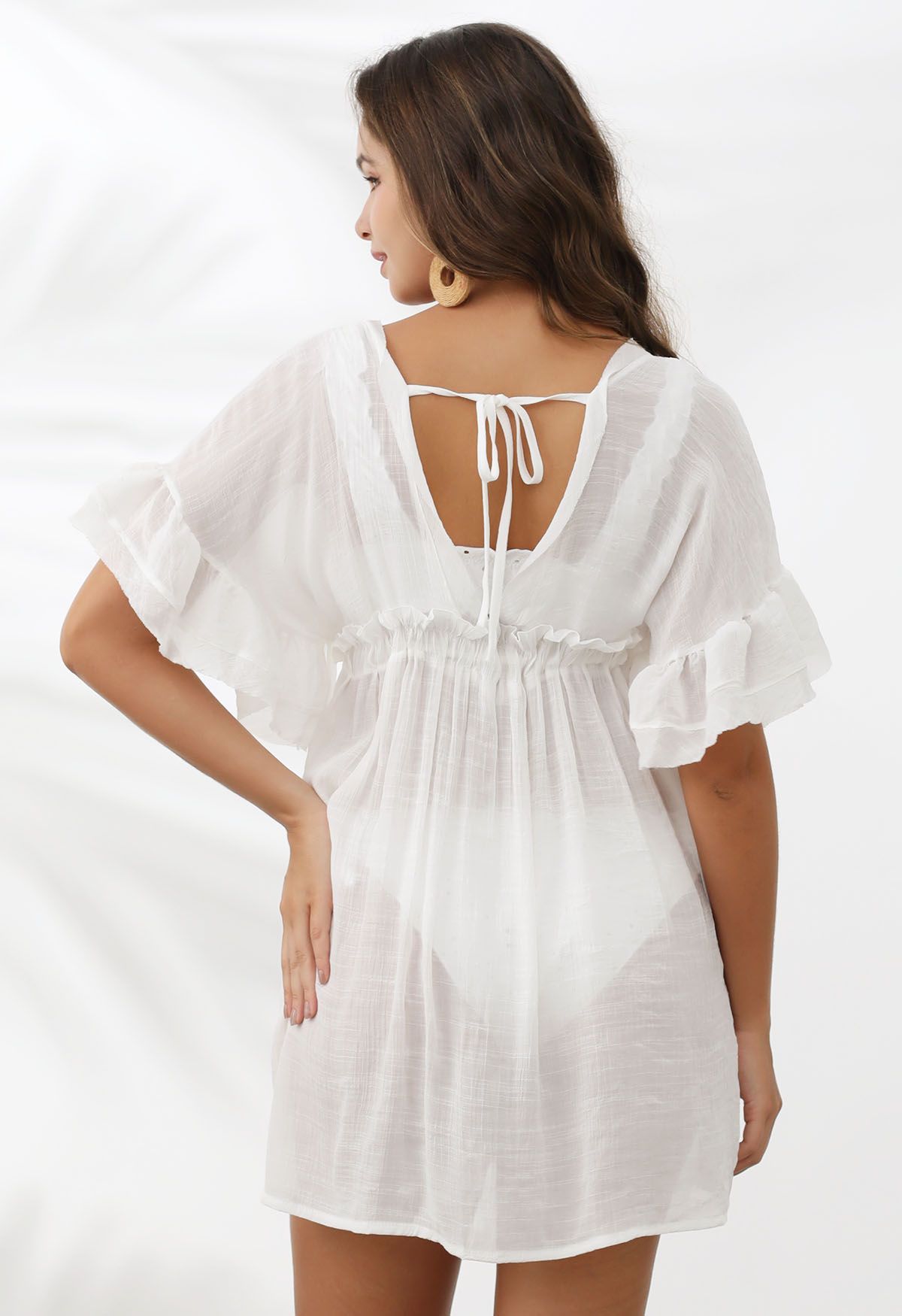 Deep V-Neck Flounce Sleeve Buttoned Cover-Up in White