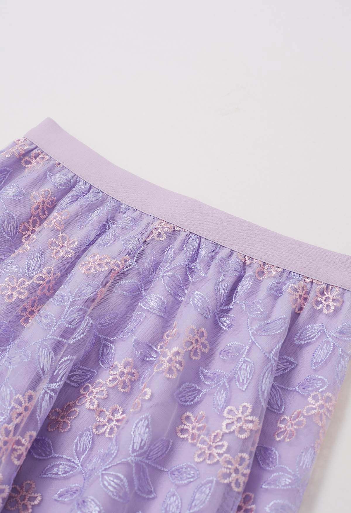 Floral Leaf Embroidered Mesh Tulle Midi Skirt in Lilac