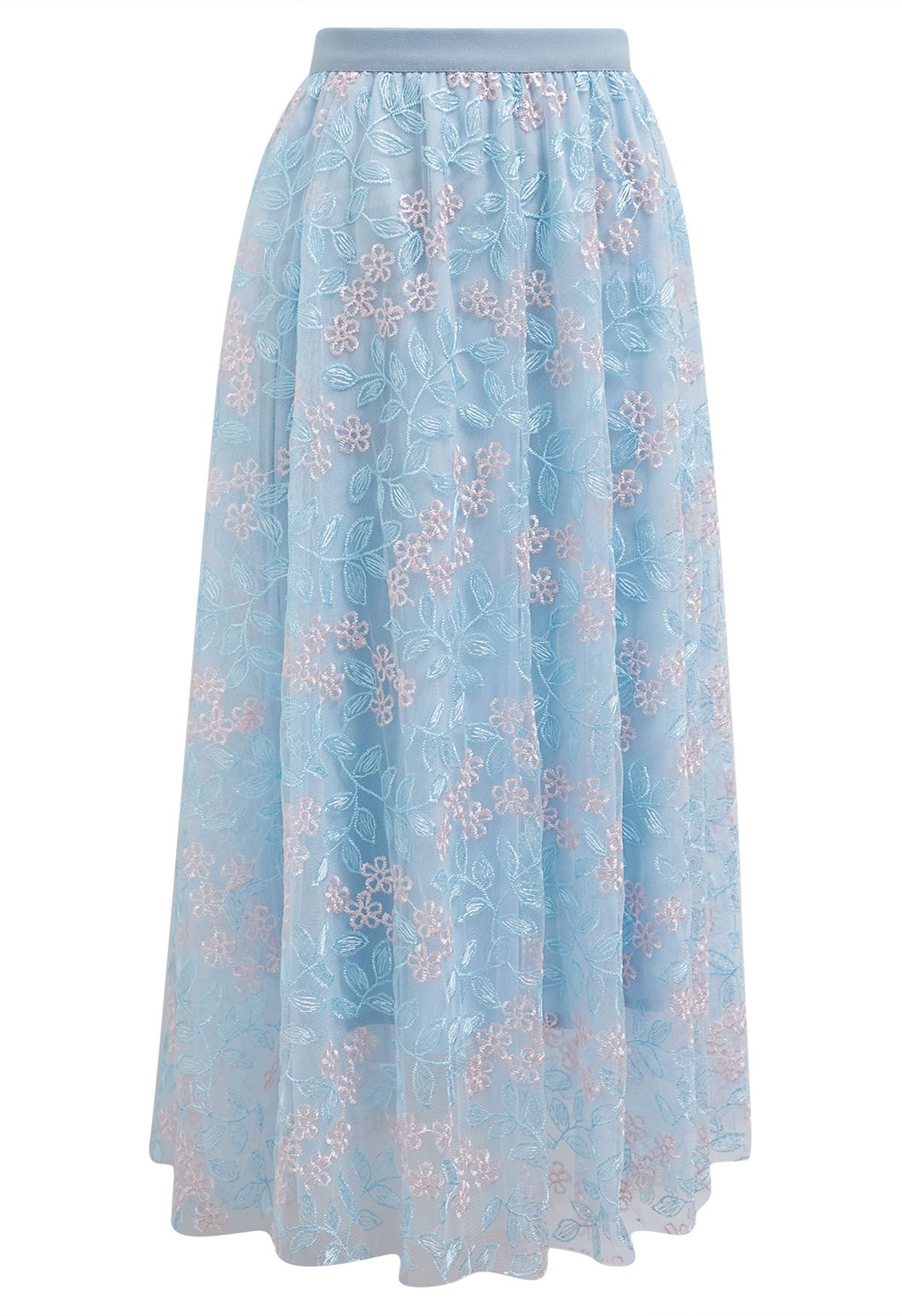 Floral Leaf Embroidered Mesh Tulle Midi Skirt in Blue