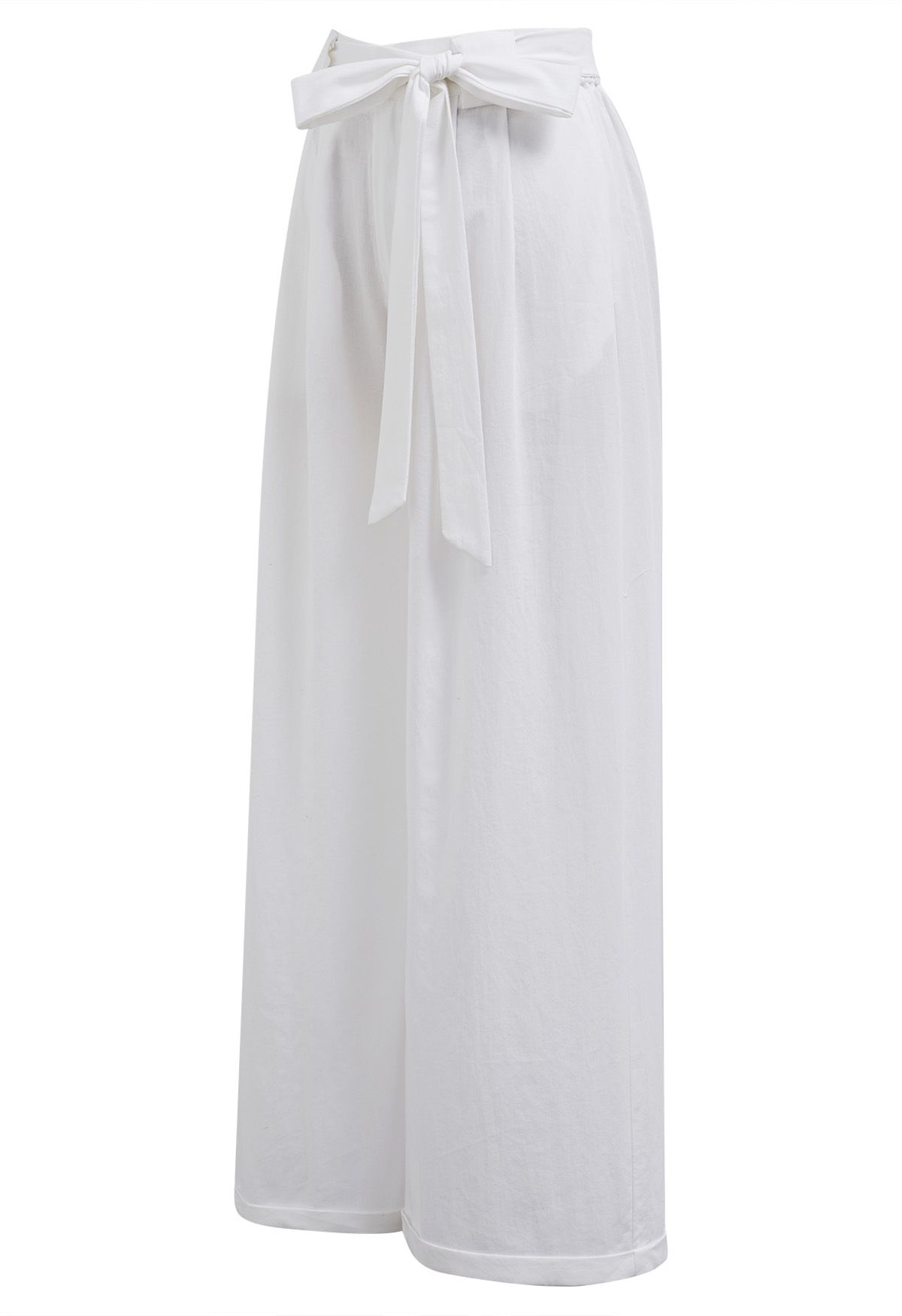 Bow Tie Sash Pleated Wide-Leg Pants in White