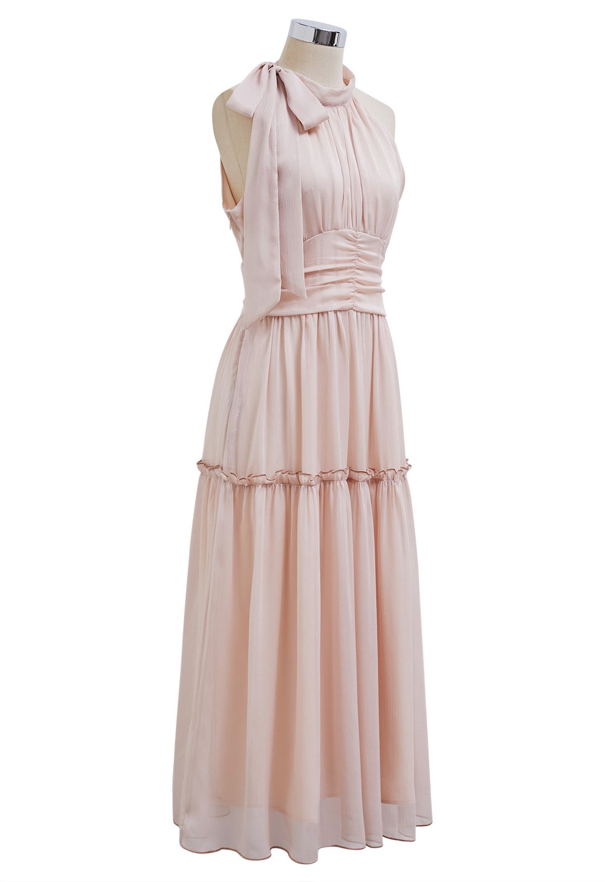 Solid Color Bowknot Halter Neck Ruffle Midi Dress in Light Pink