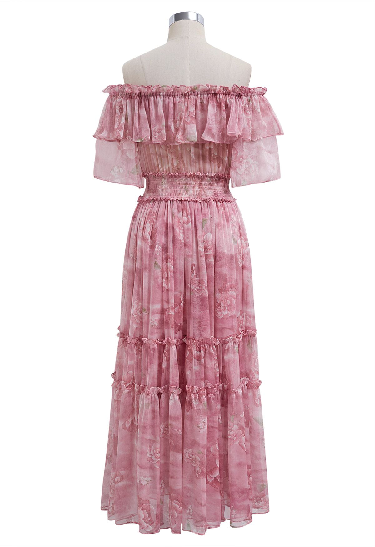 Summer Days Floral Off-Shoulder Ruffle Tiers Chiffon Dress in Pink