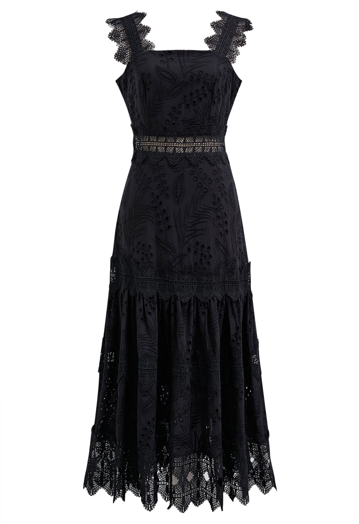 Leaves Eyelet Embroidered Lace Trim Cami Dress in Black