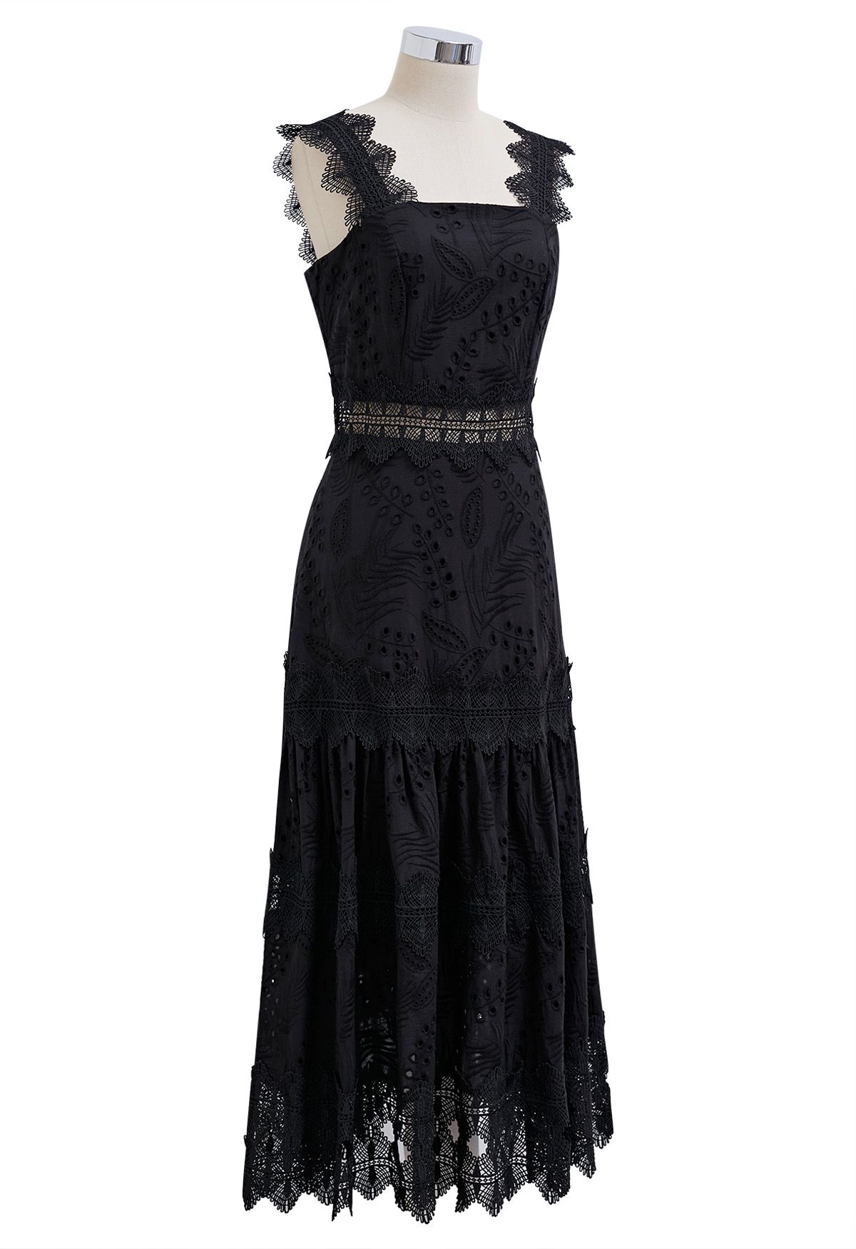 Leaves Eyelet Embroidered Lace Trim Cami Dress in Black