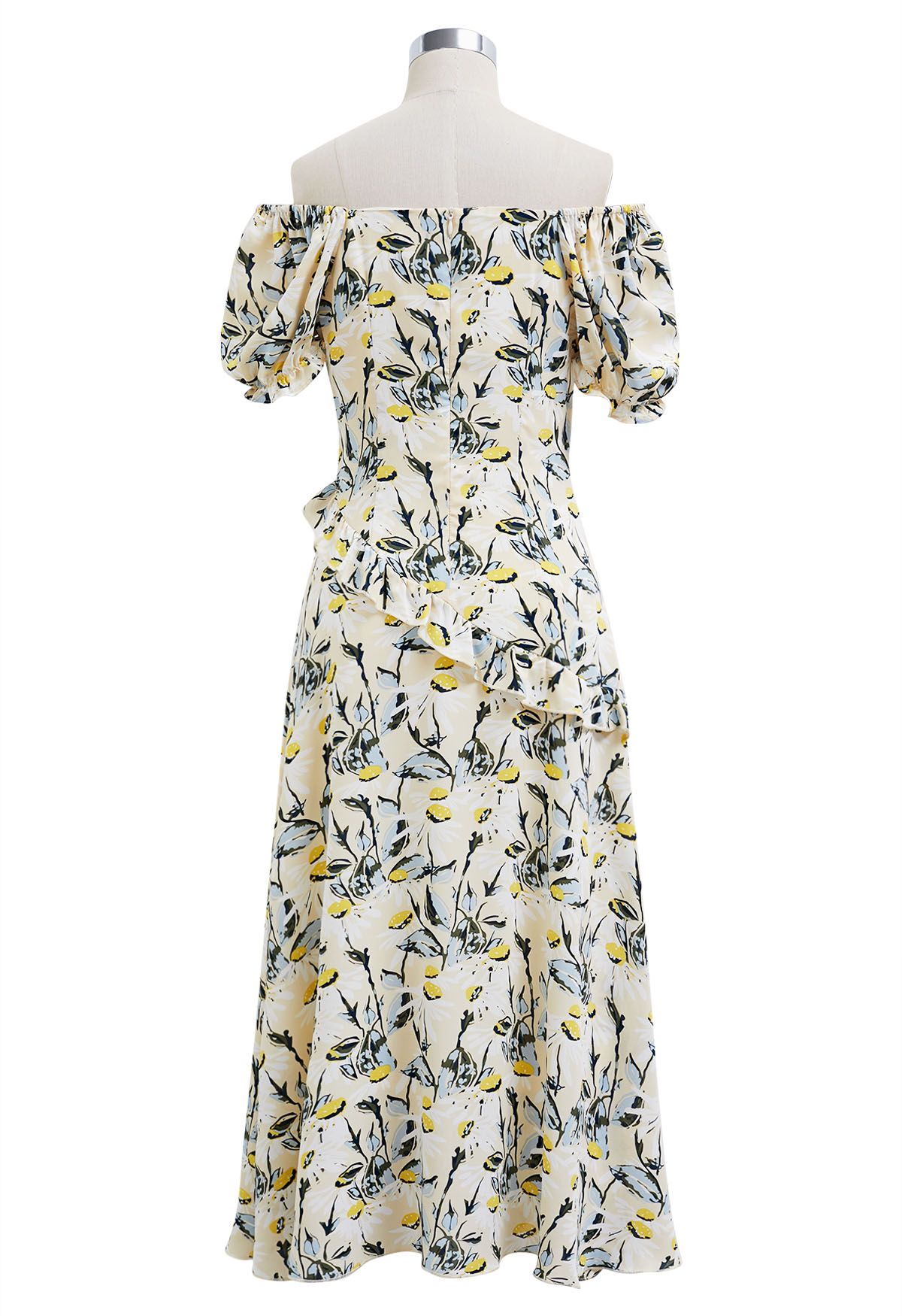 Daisy Printed Off-Shoulder Ruffle Trim Midi Dress