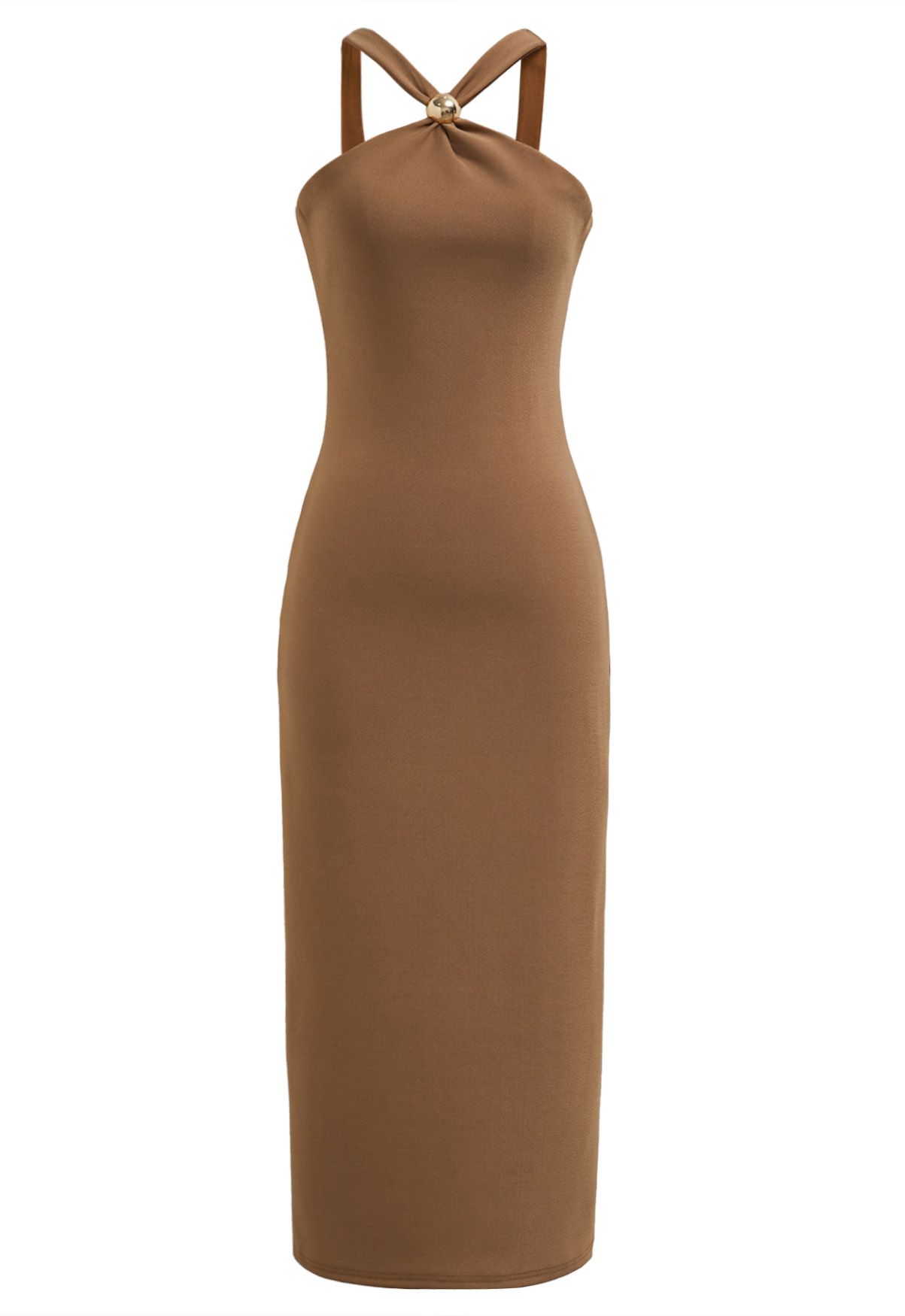 Golden Bead Trim Halter Sheath Dress in Caramel