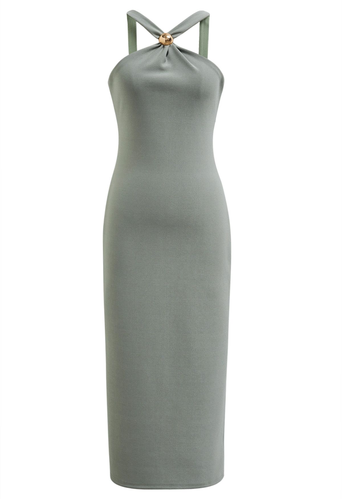 Golden Bead Trim Halter Sheath Dress in Sage