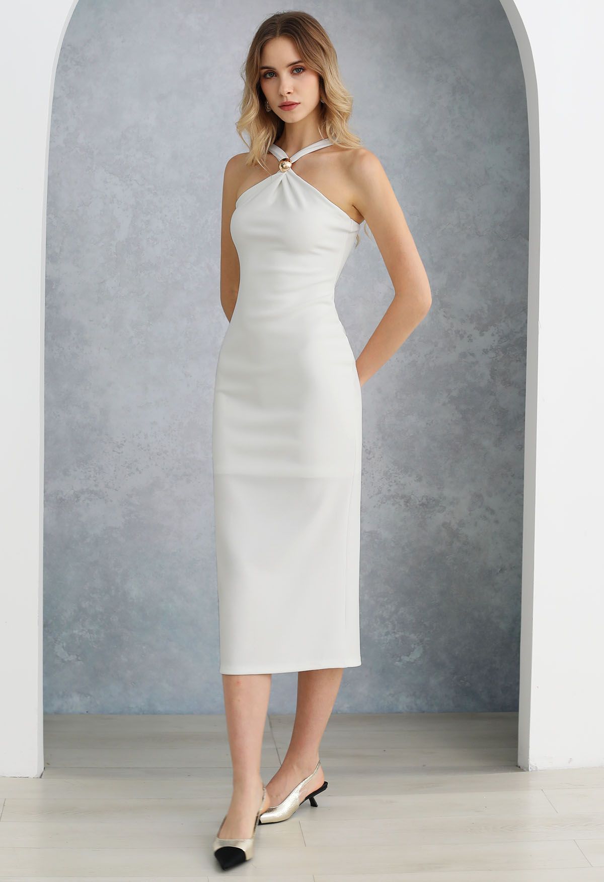 Golden Bead Trim Halter Sheath Dress in White