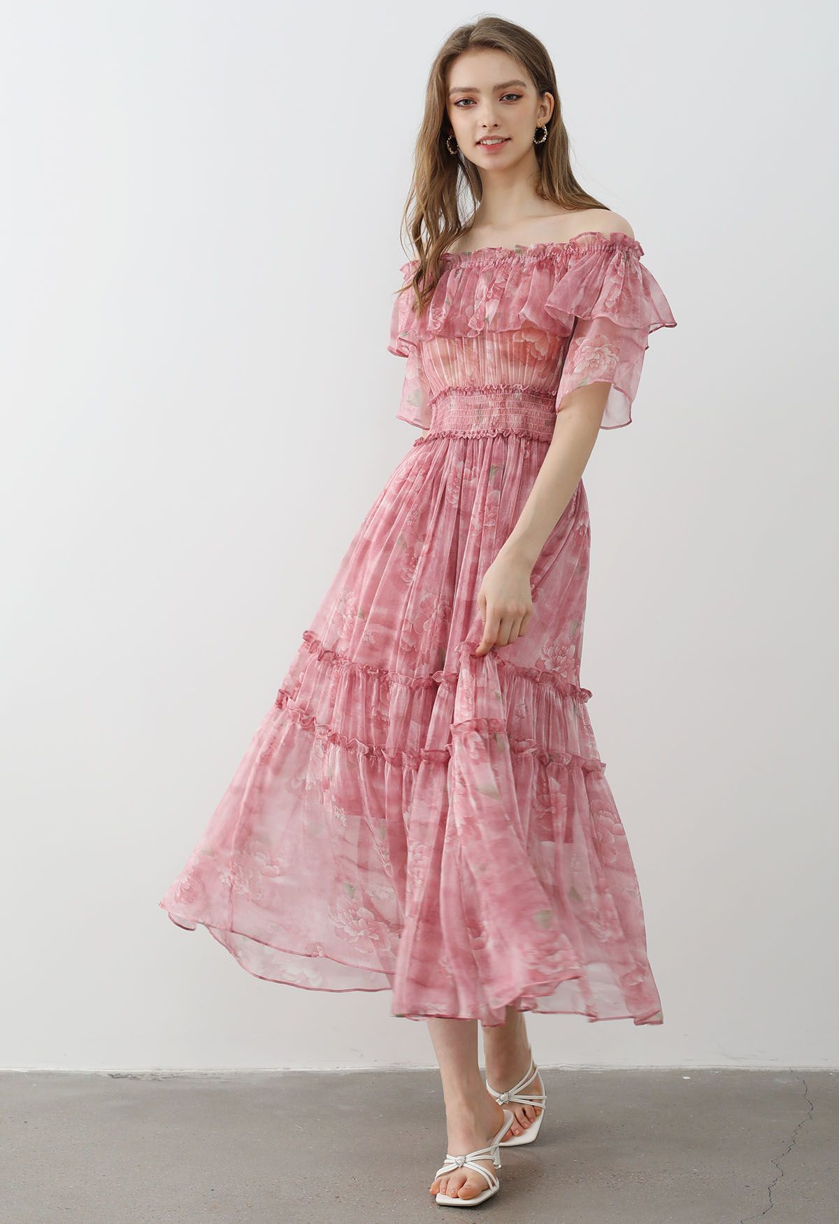 Summer Days Floral Off-Shoulder Ruffle Tiers Chiffon Dress in Pink