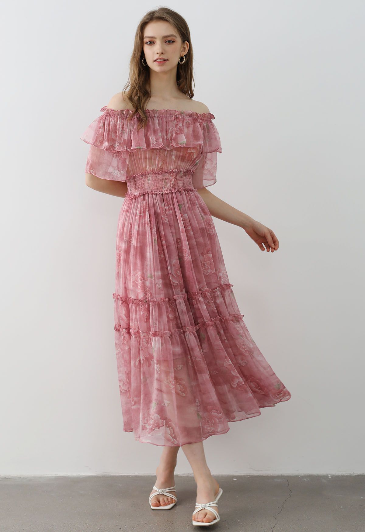 Summer Days Floral Off-Shoulder Ruffle Tiers Chiffon Dress in Pink