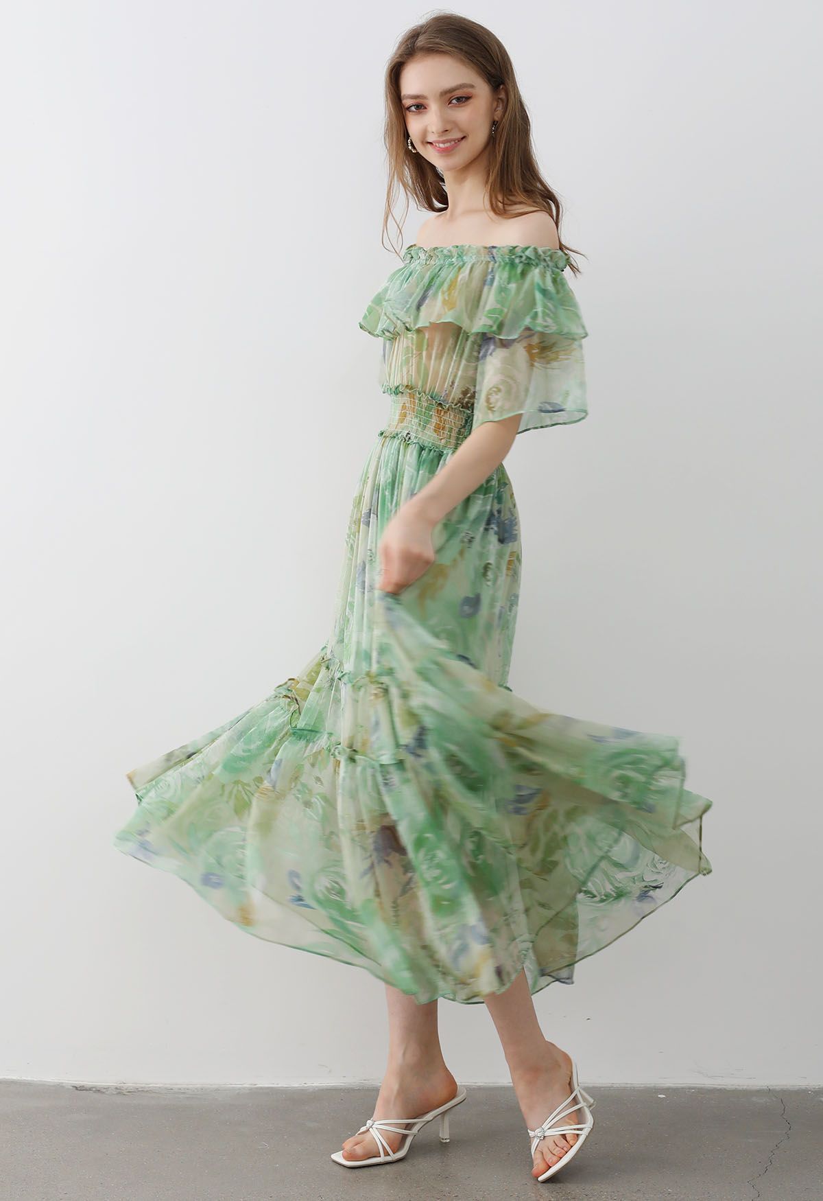 Summer Days Floral Off-Shoulder Ruffle Tiers Chiffon Dress in Green