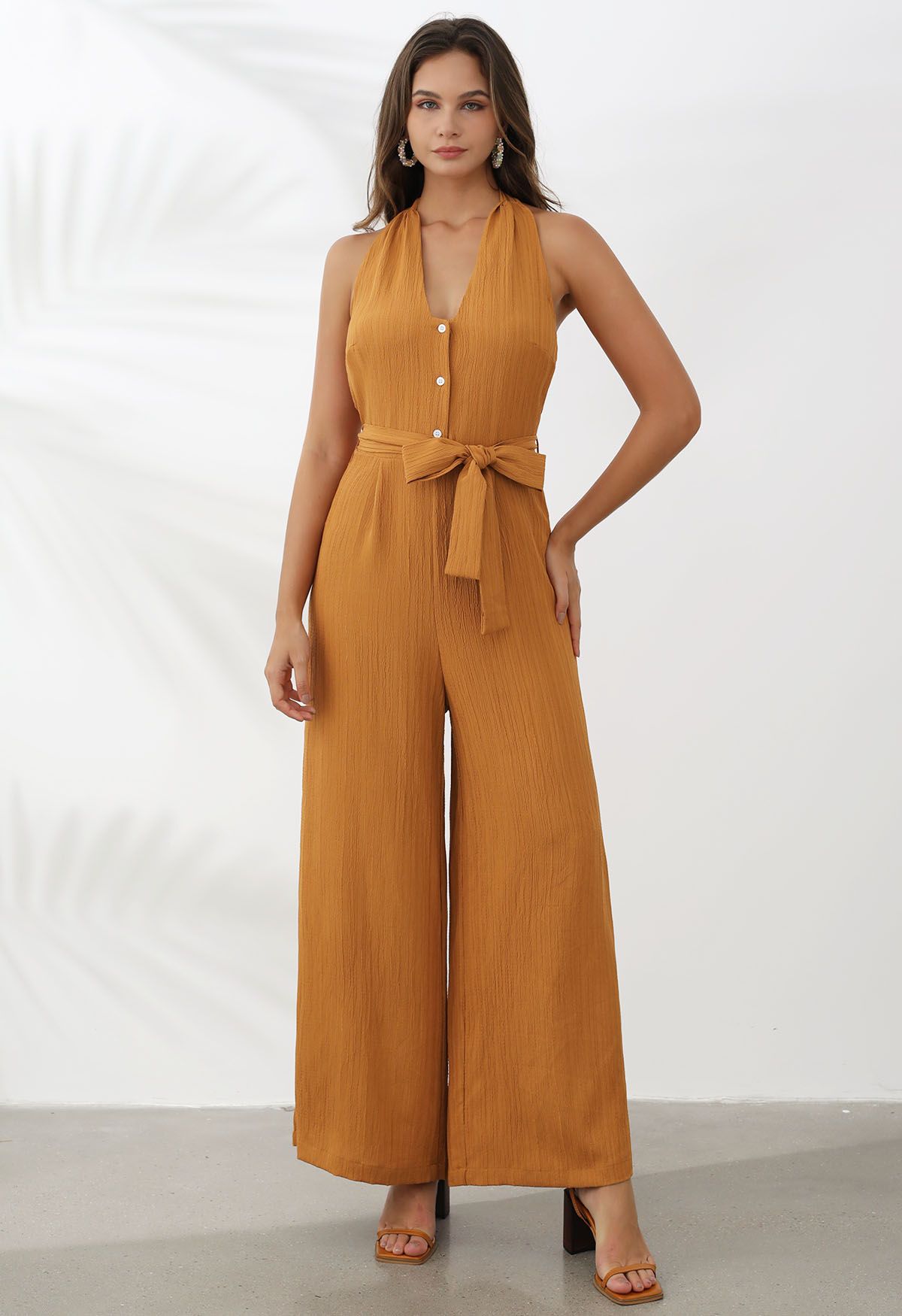 Halterneck Tie Waist Textured Wide-Leg Jumpsuit