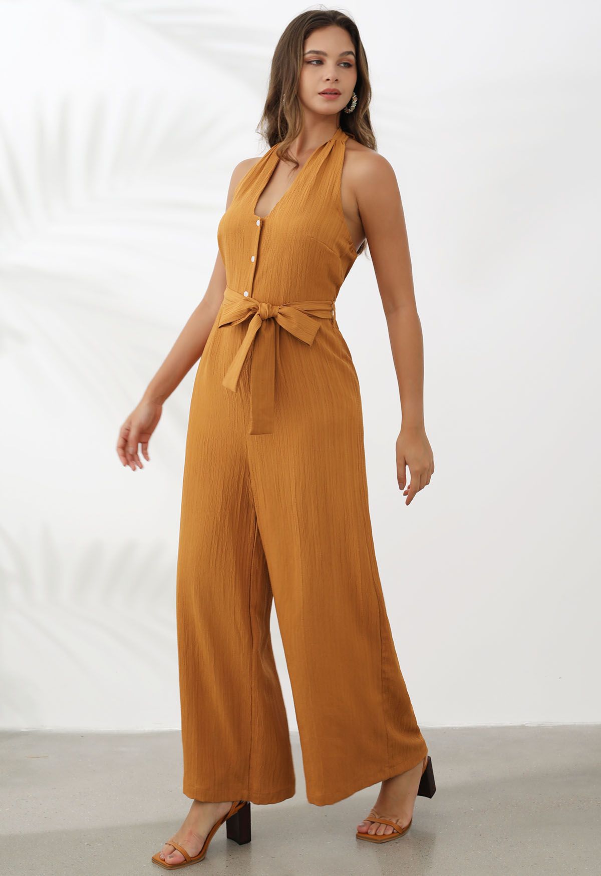 Halterneck Tie Waist Textured Wide-Leg Jumpsuit