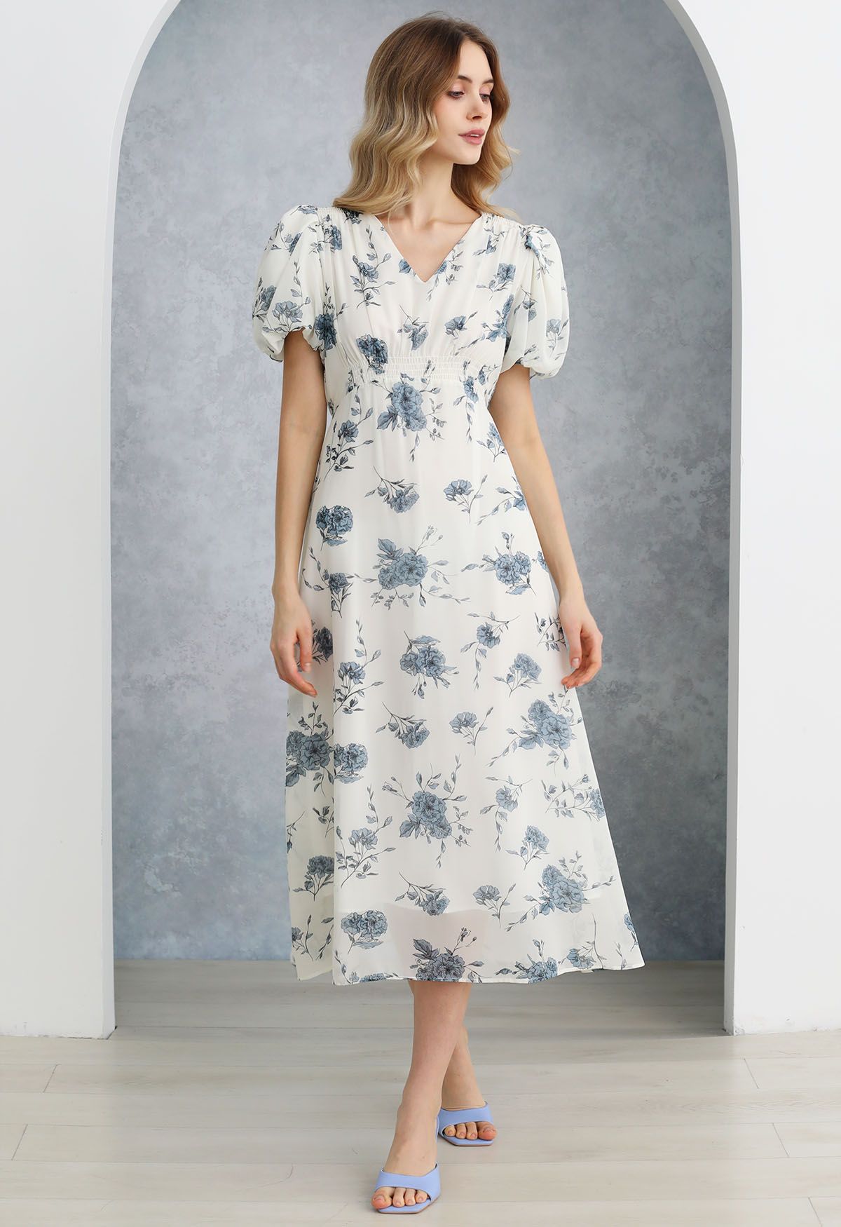 Blue Flower Sketch V-Neck Chiffon Midi Dress