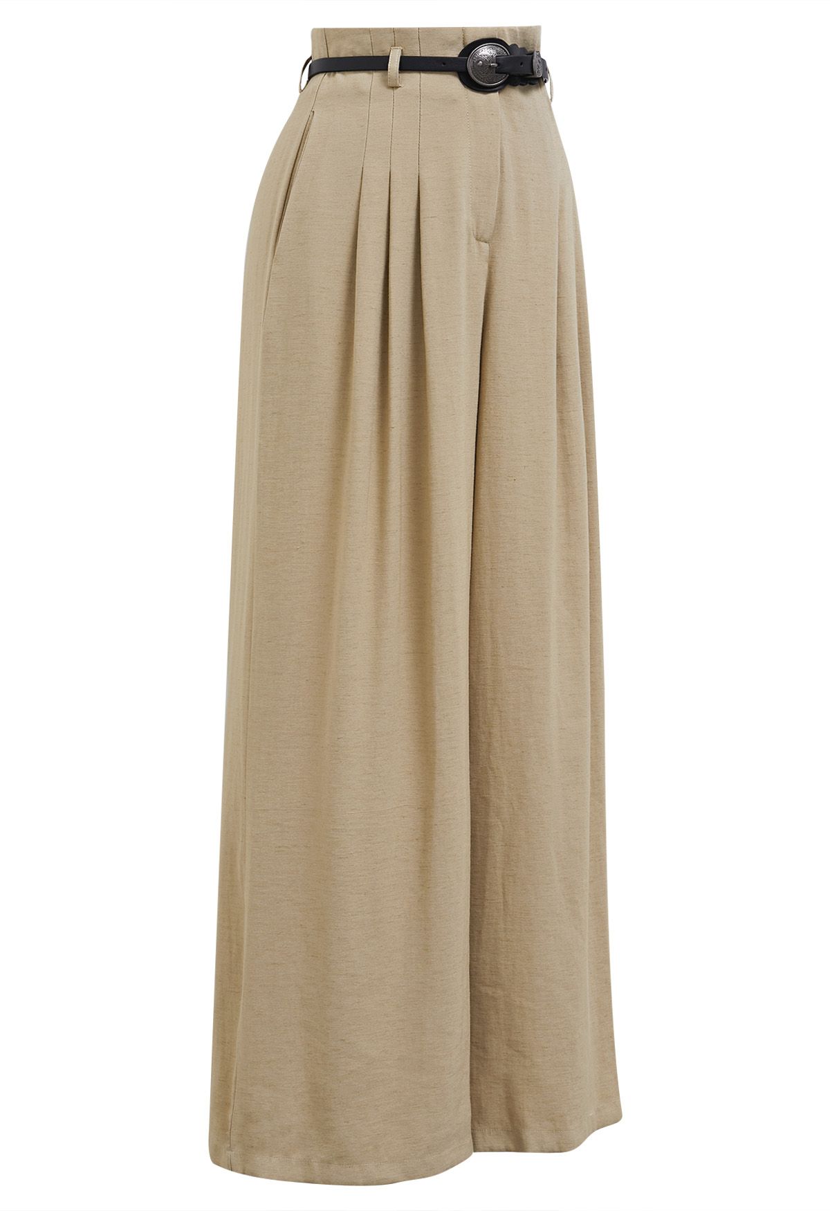 Old-Fashioned Belt Linen-Blend Palazzo Pants in Camel