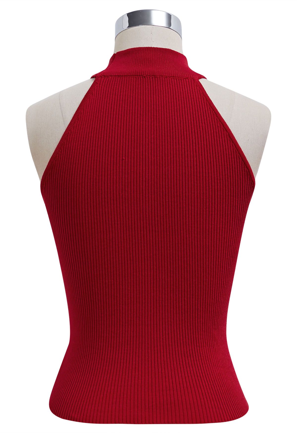 Crisscross Ribbon Sleeveless Halter Knit Top in Red