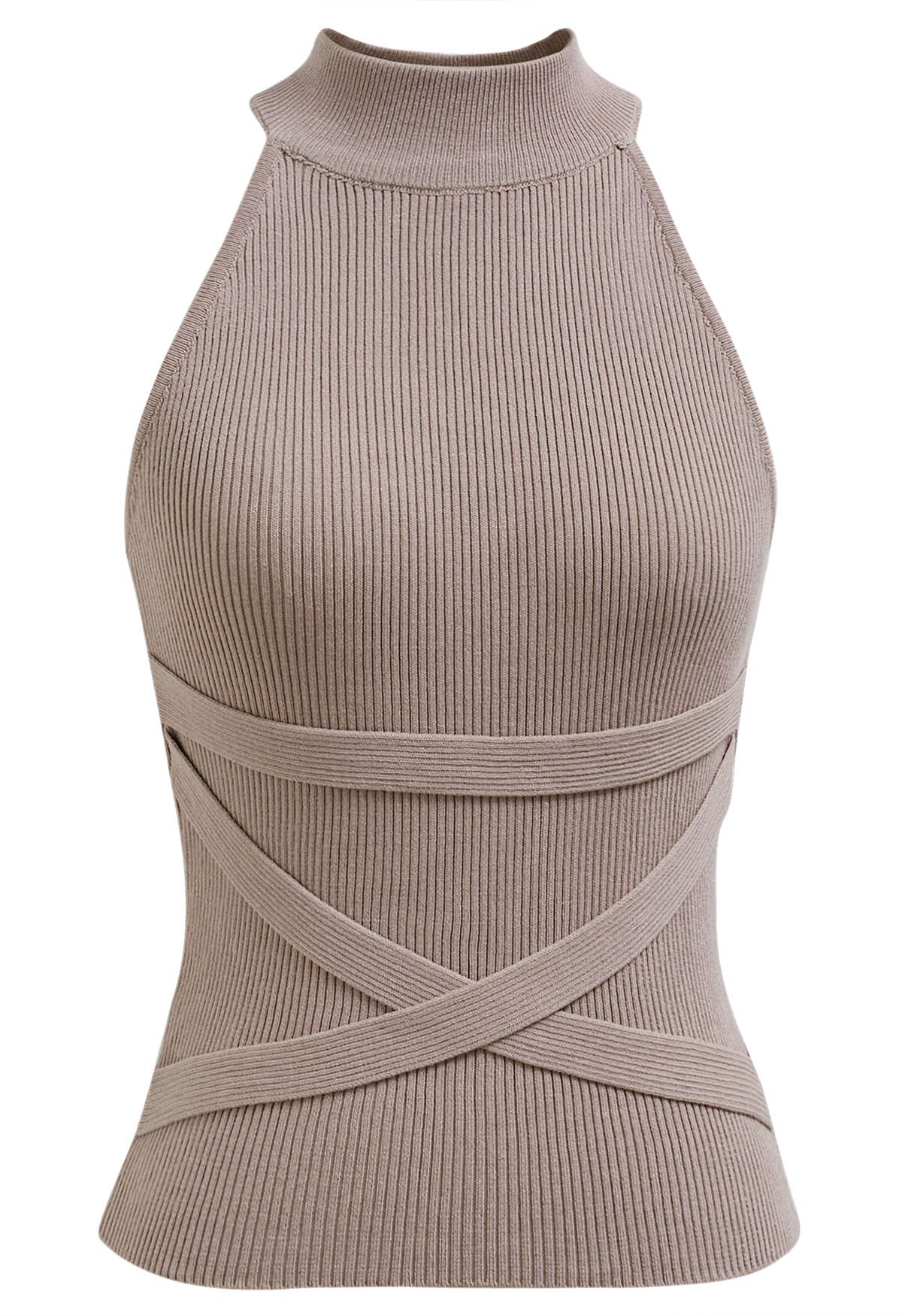 Crisscross Ribbon Sleeveless Halter Knit Top in Taupe