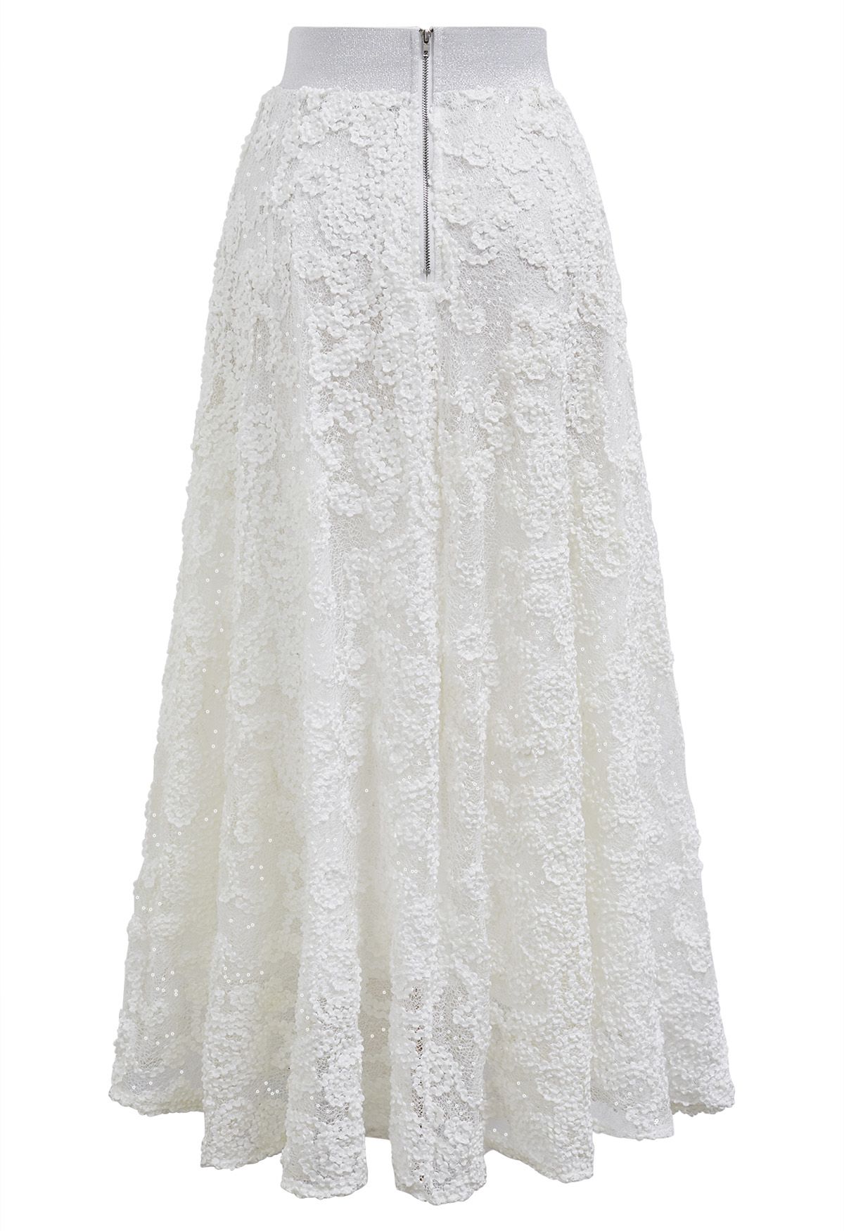 Floral Crochet Sequin Embellished Fishnet Maxi Skirt in White