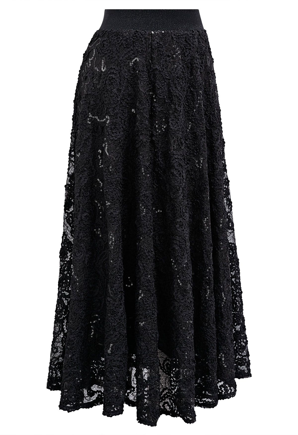 Floral Crochet Sequin Embellished Fishnet Maxi Skirt in Black