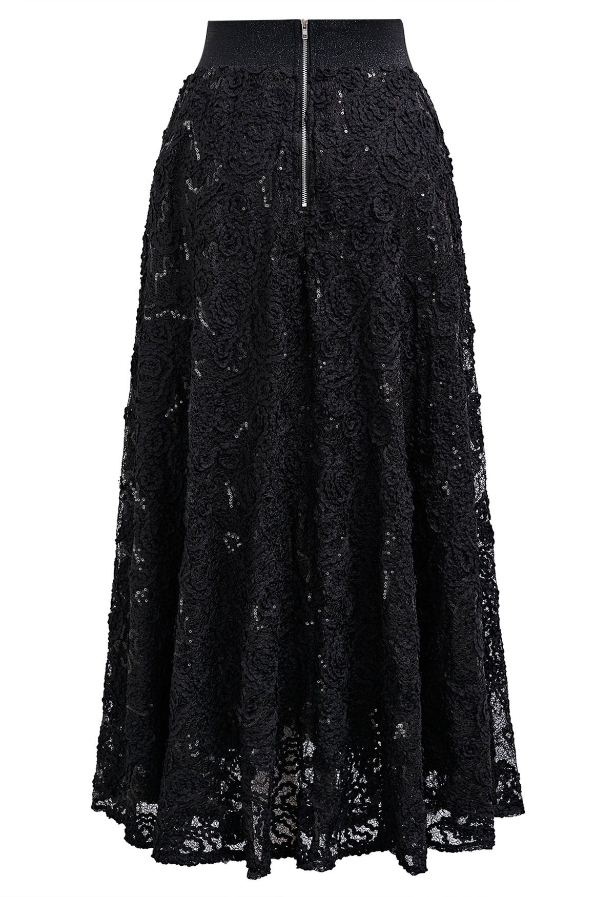 Floral Crochet Sequin Embellished Fishnet Maxi Skirt in Black