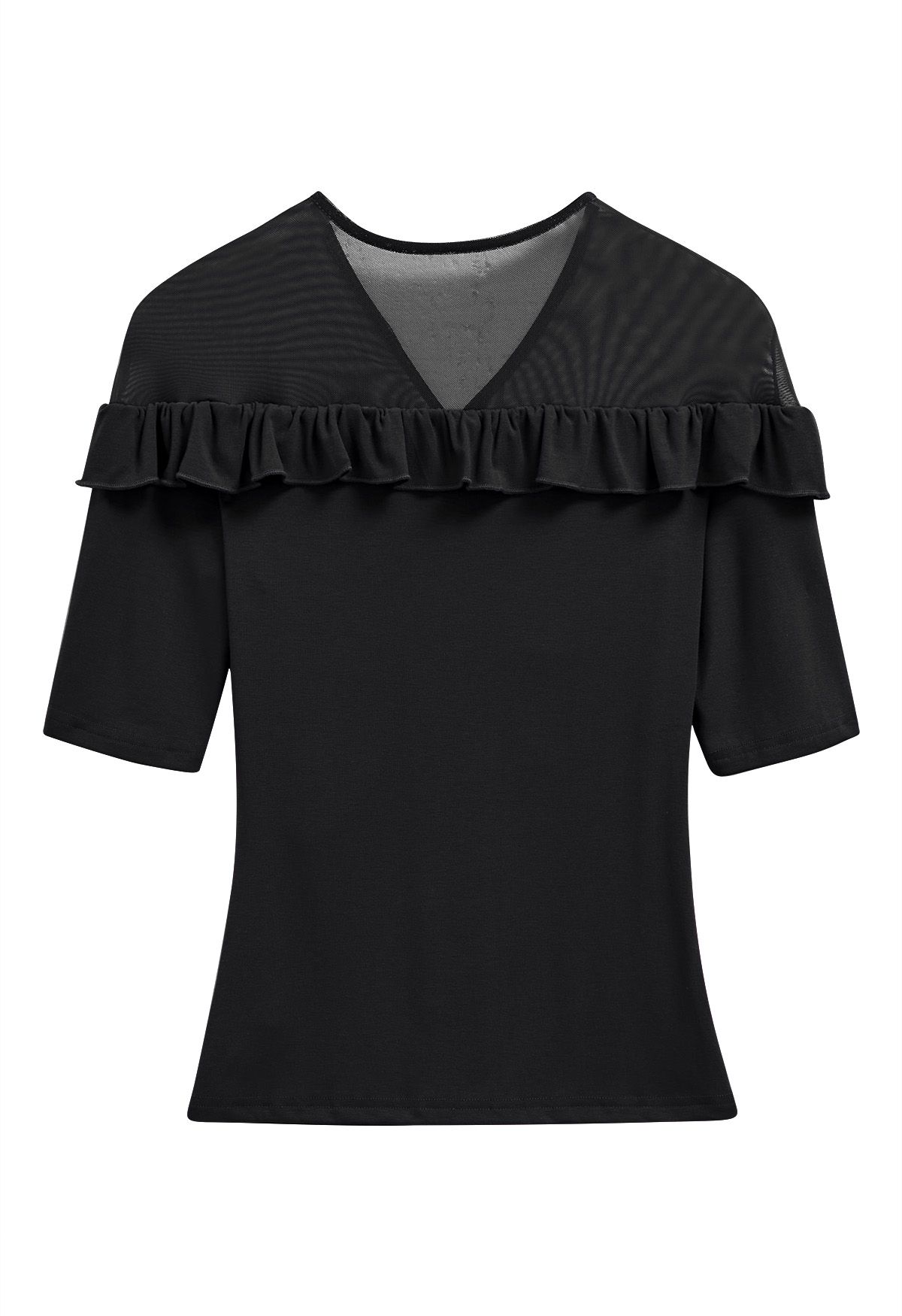 V-Neck Mesh Spliced Ruffle Top in Black