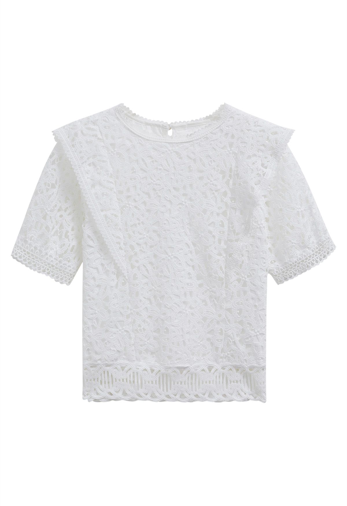 Crew Neck Guipure Lace Top in White