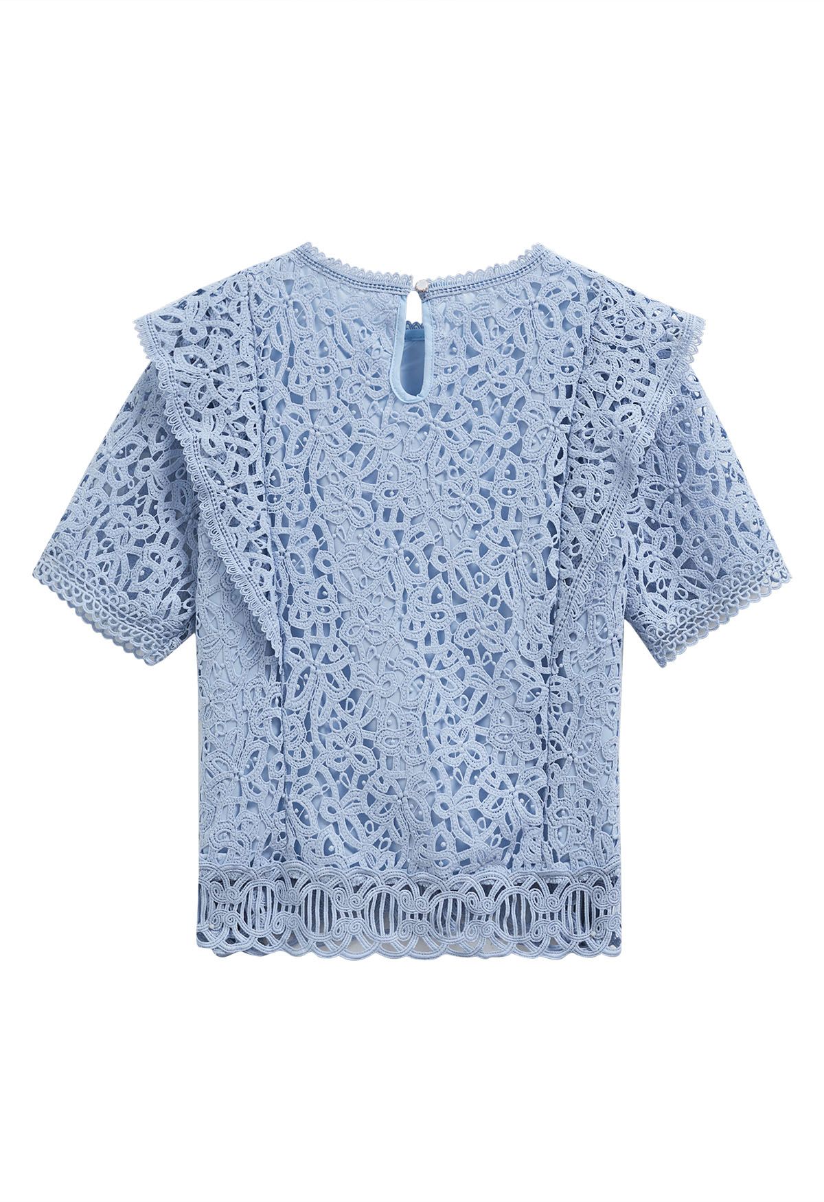 Crew Neck Guipure Lace Top in Blue