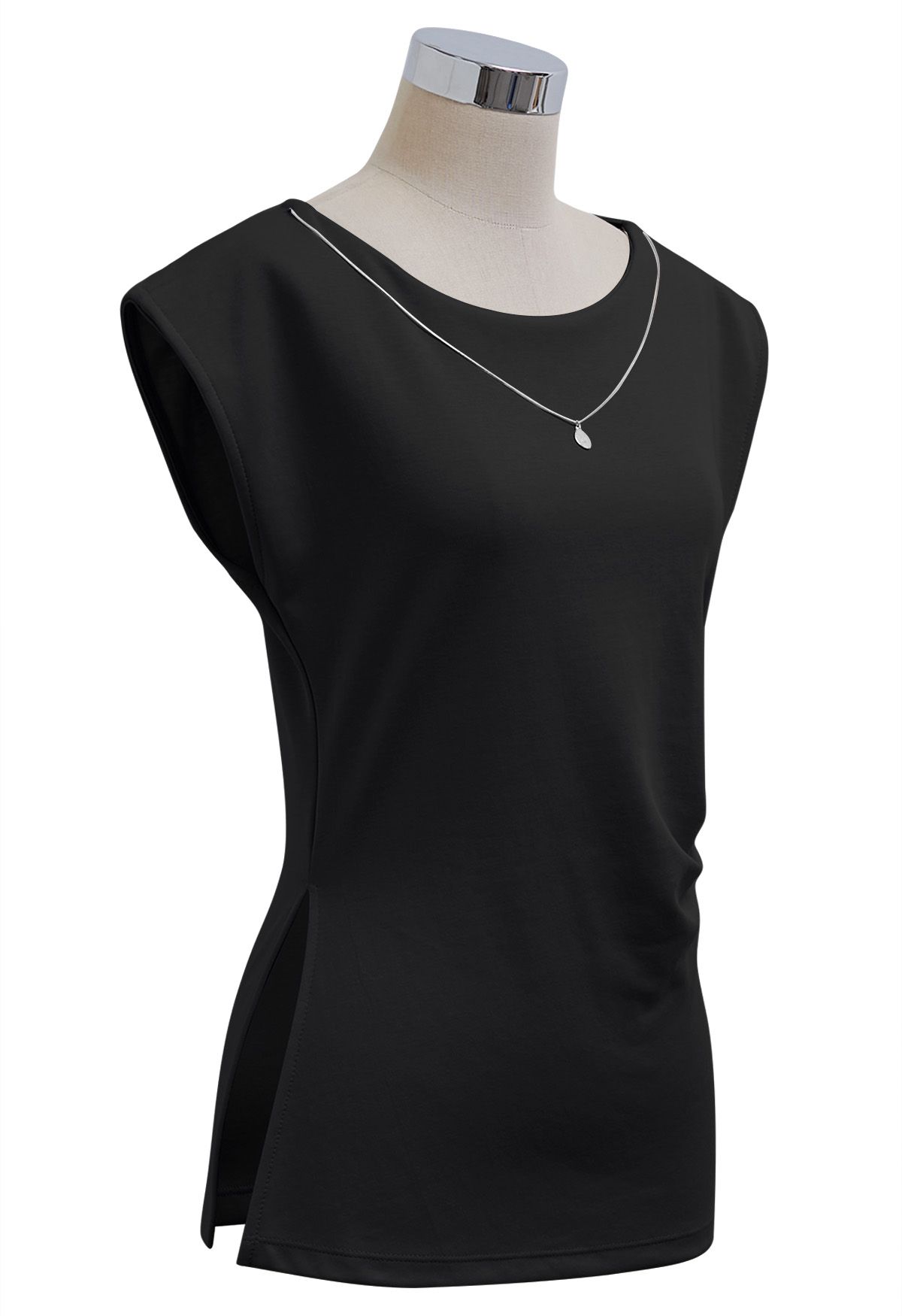 Decorative Necklace Side Pleat Cotton Top in Black