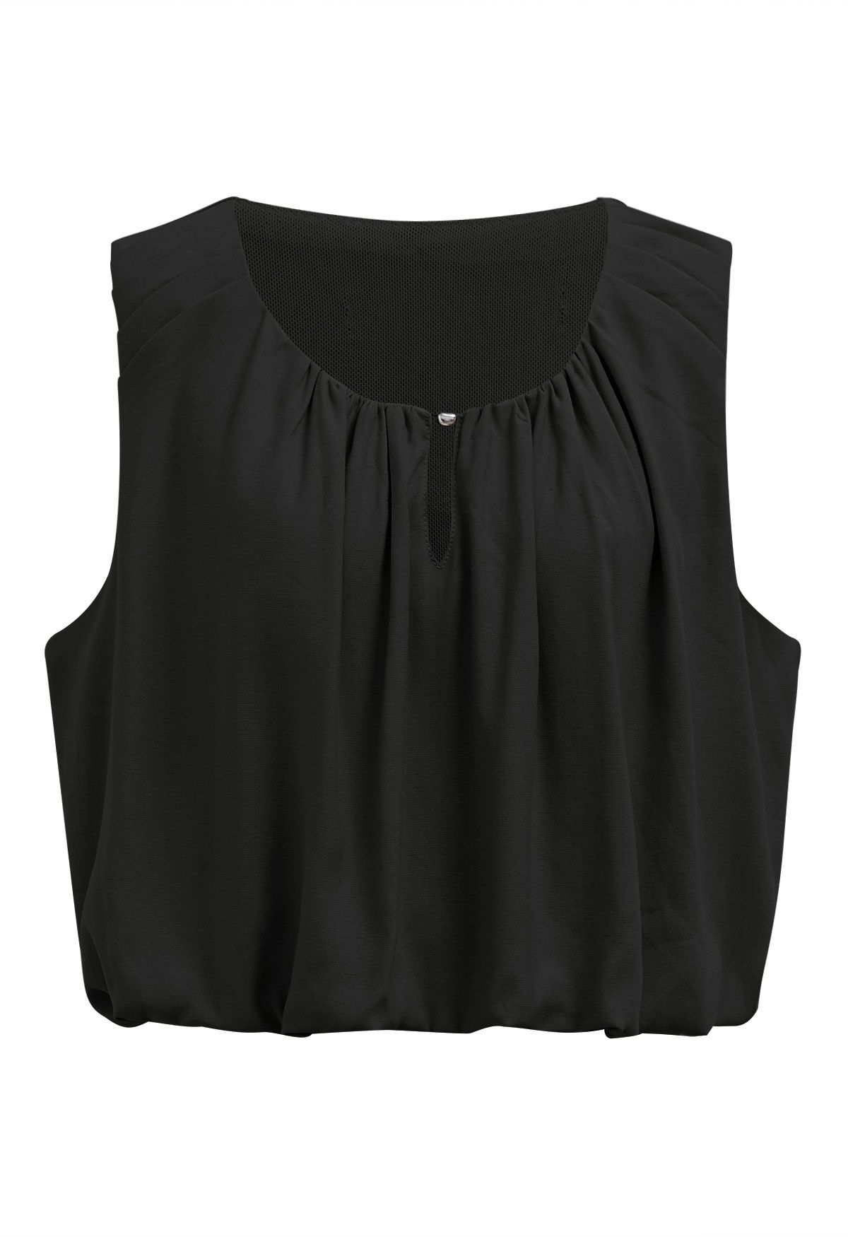 Mesh Inserted Linen-Blend Sleeveless Crop Top in Black