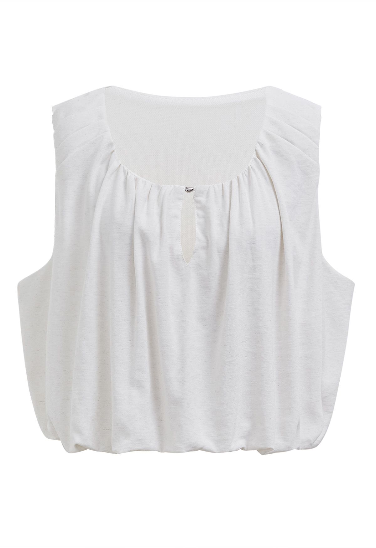 Mesh Inserted Linen-Blend Sleeveless Crop Top in White