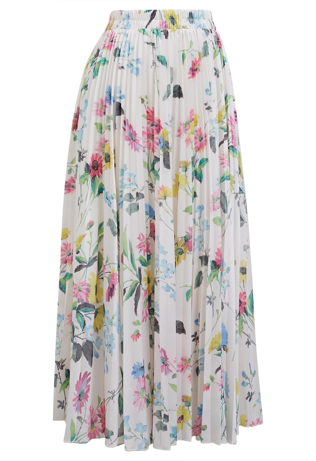 Vivid Floral Print Pleated Maxi Skirt in White