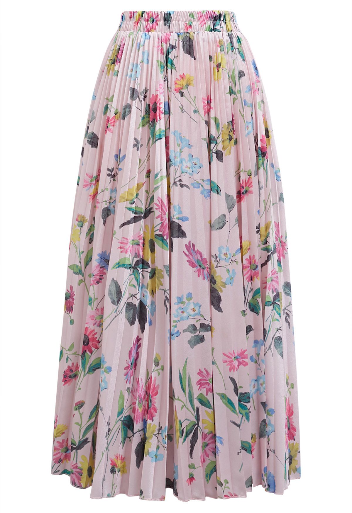 Vivid Floral Print Pleated Maxi Skirt in Pink