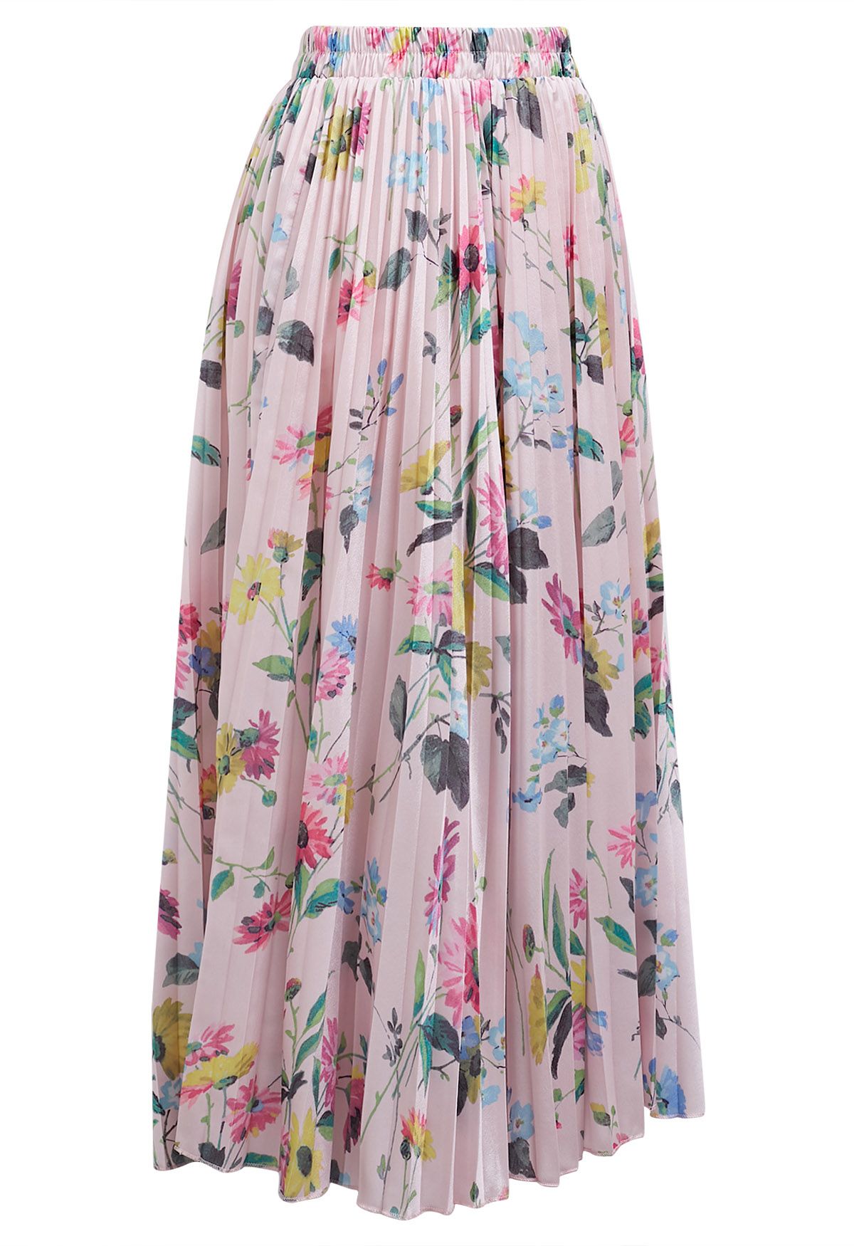 Vivid Floral Print Pleated Maxi Skirt in Pink