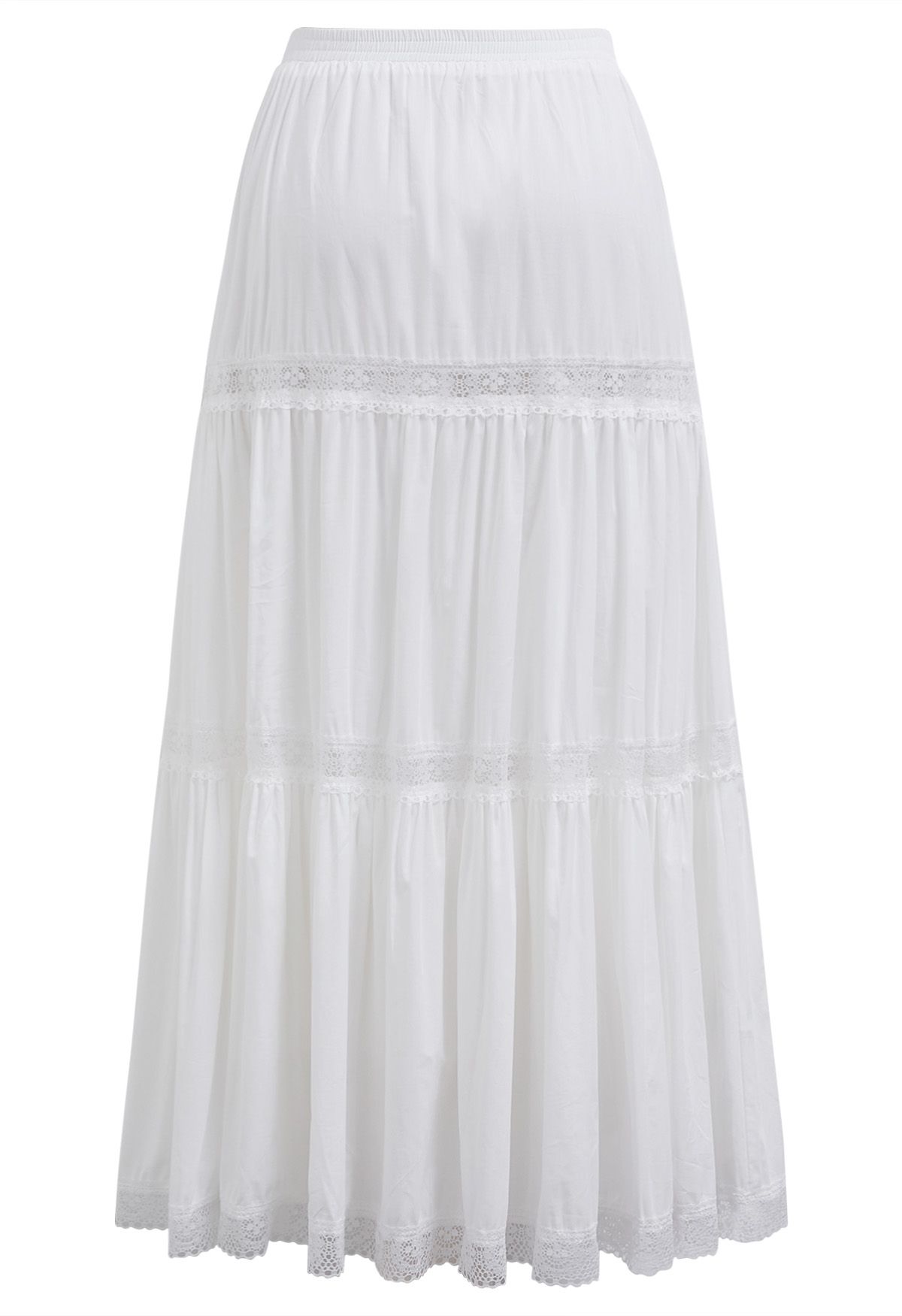 Lace Spliced Cotton Midi Skirt in White