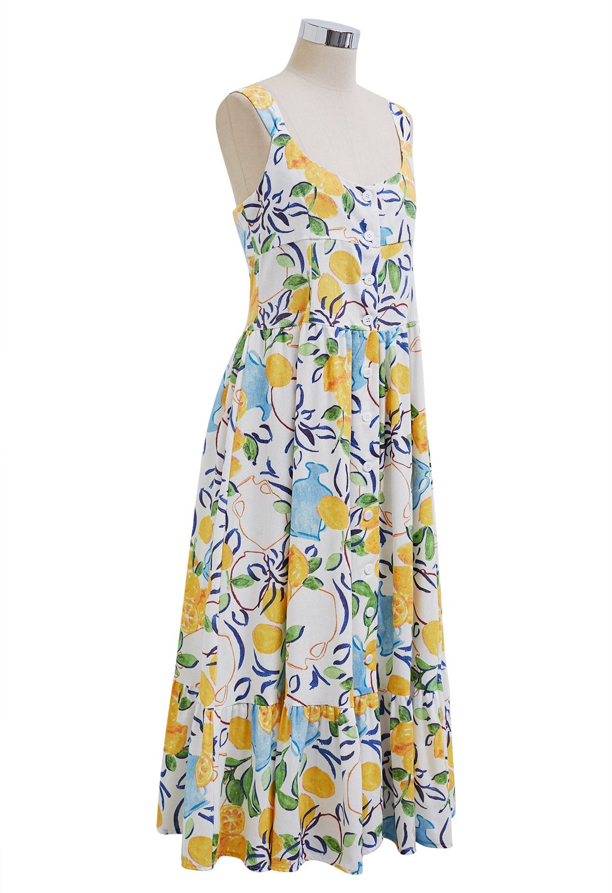 Adored Vibe Lemon Printed Button Down Cami Dress