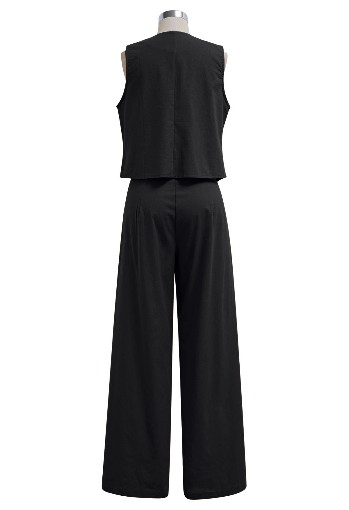 Linen-Blend Button Down Vest and Pants Set in Black