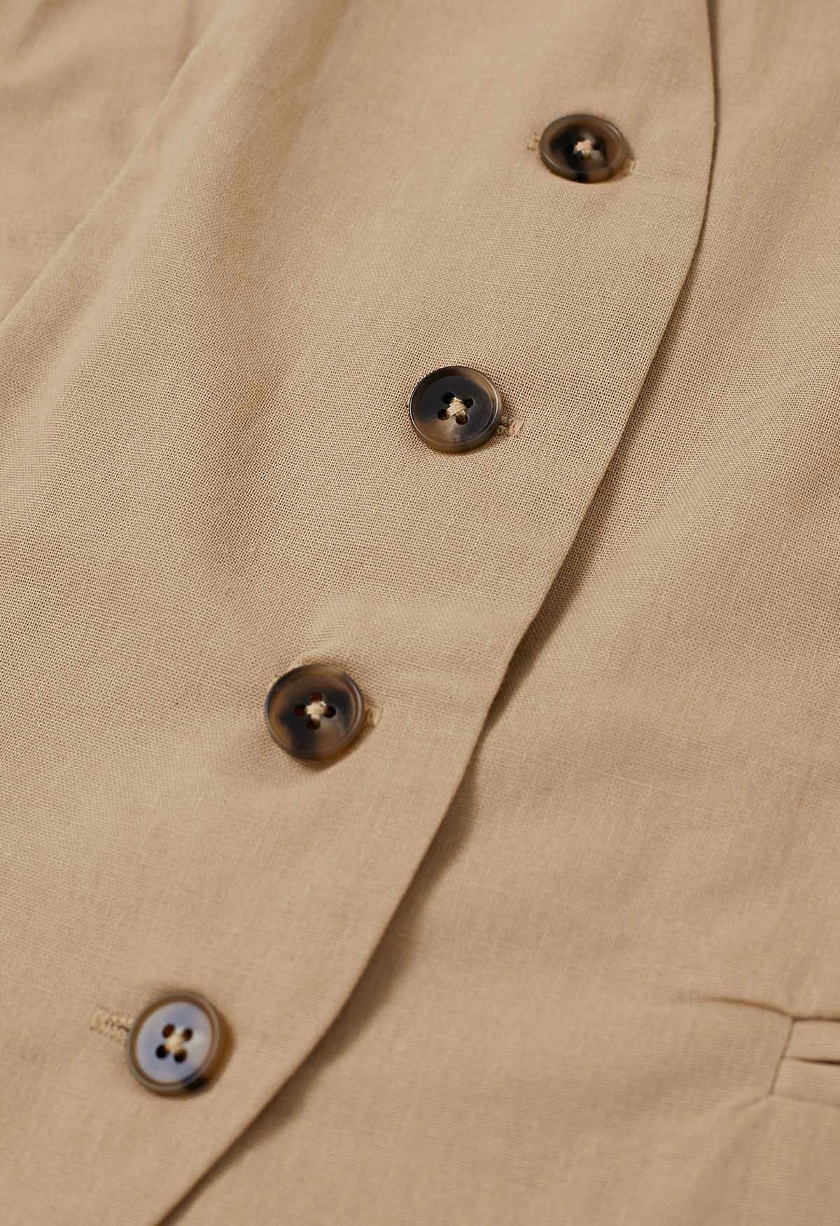 Linen-Blend Button Down Vest and Pants Set in Tan