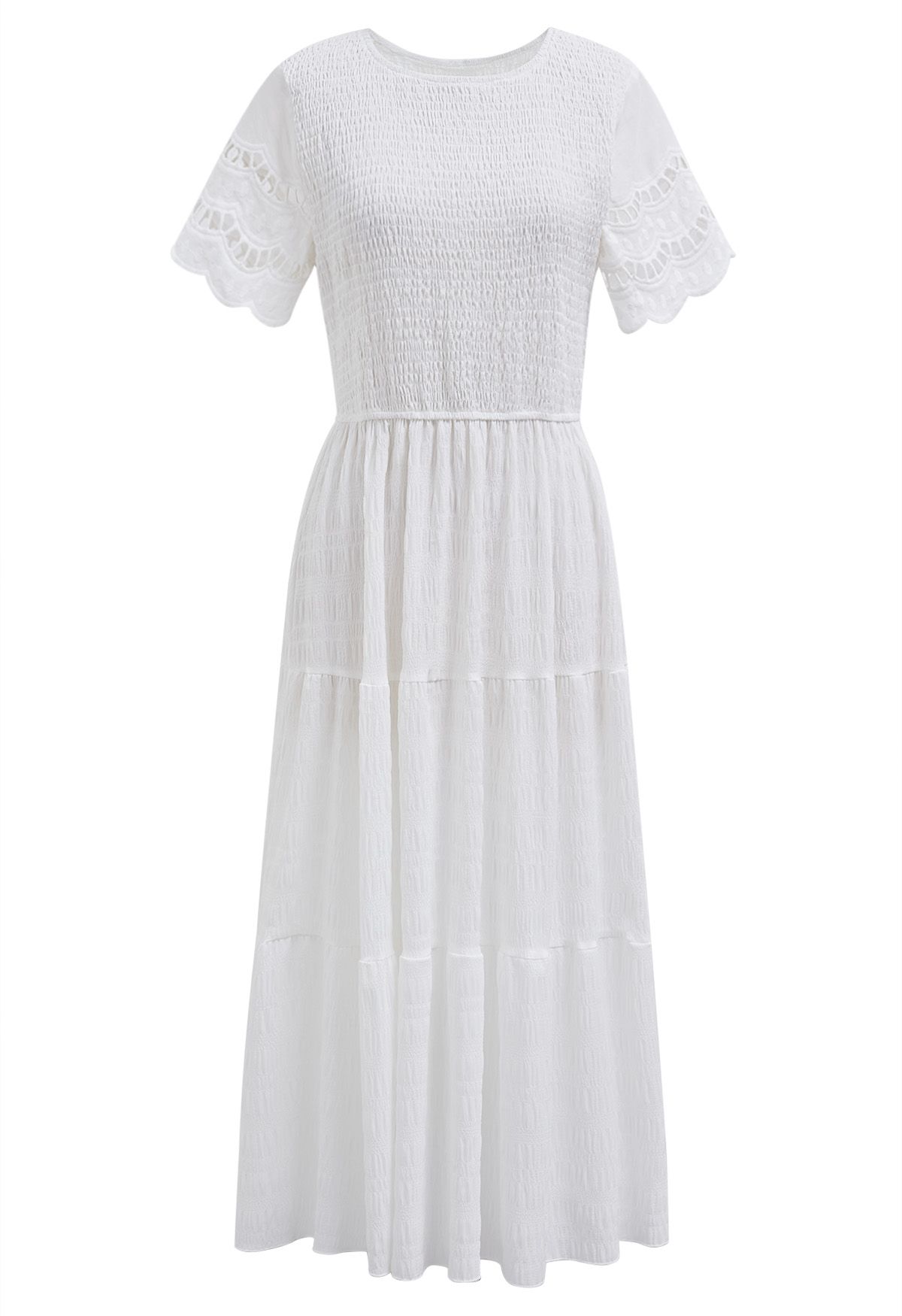 Cutwork Sleeve Shirred Bodice Midi Dress in White