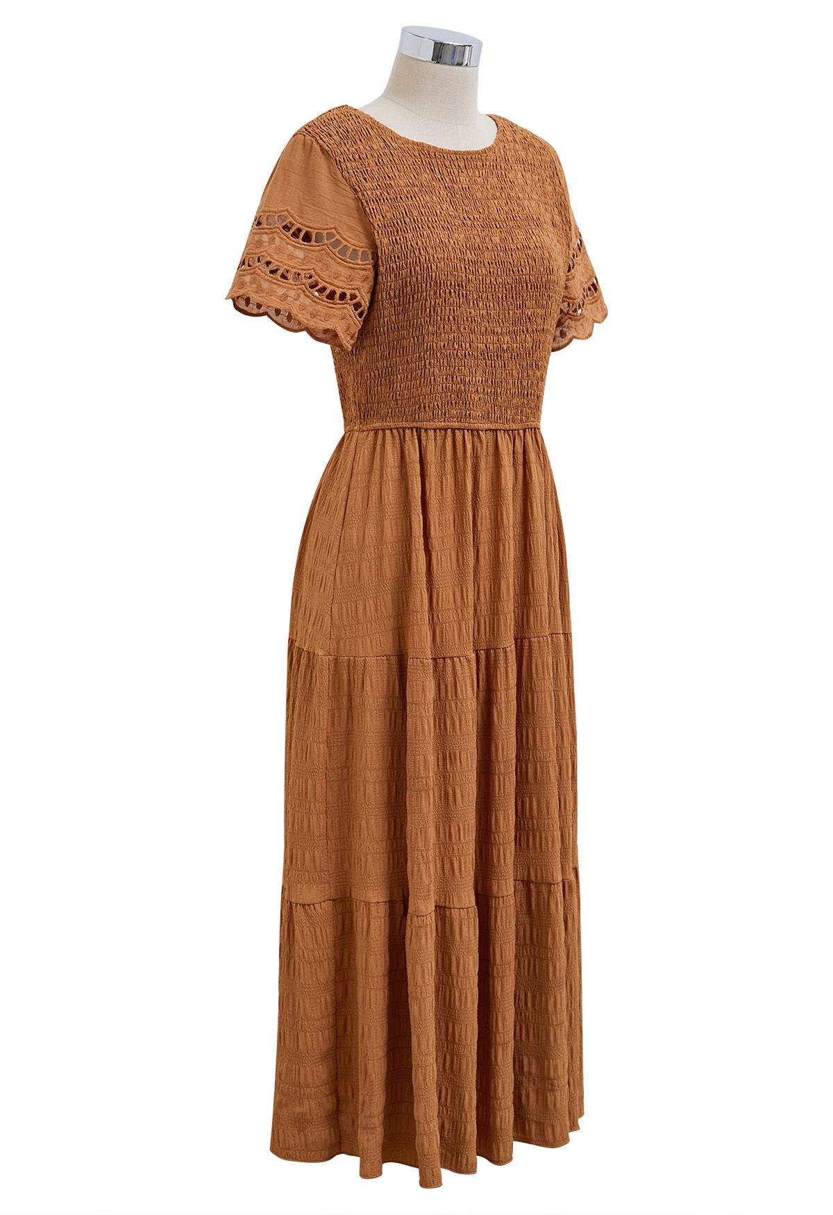 Cutwork Sleeve Shirred Bodice Midi Dress in Pumpkin