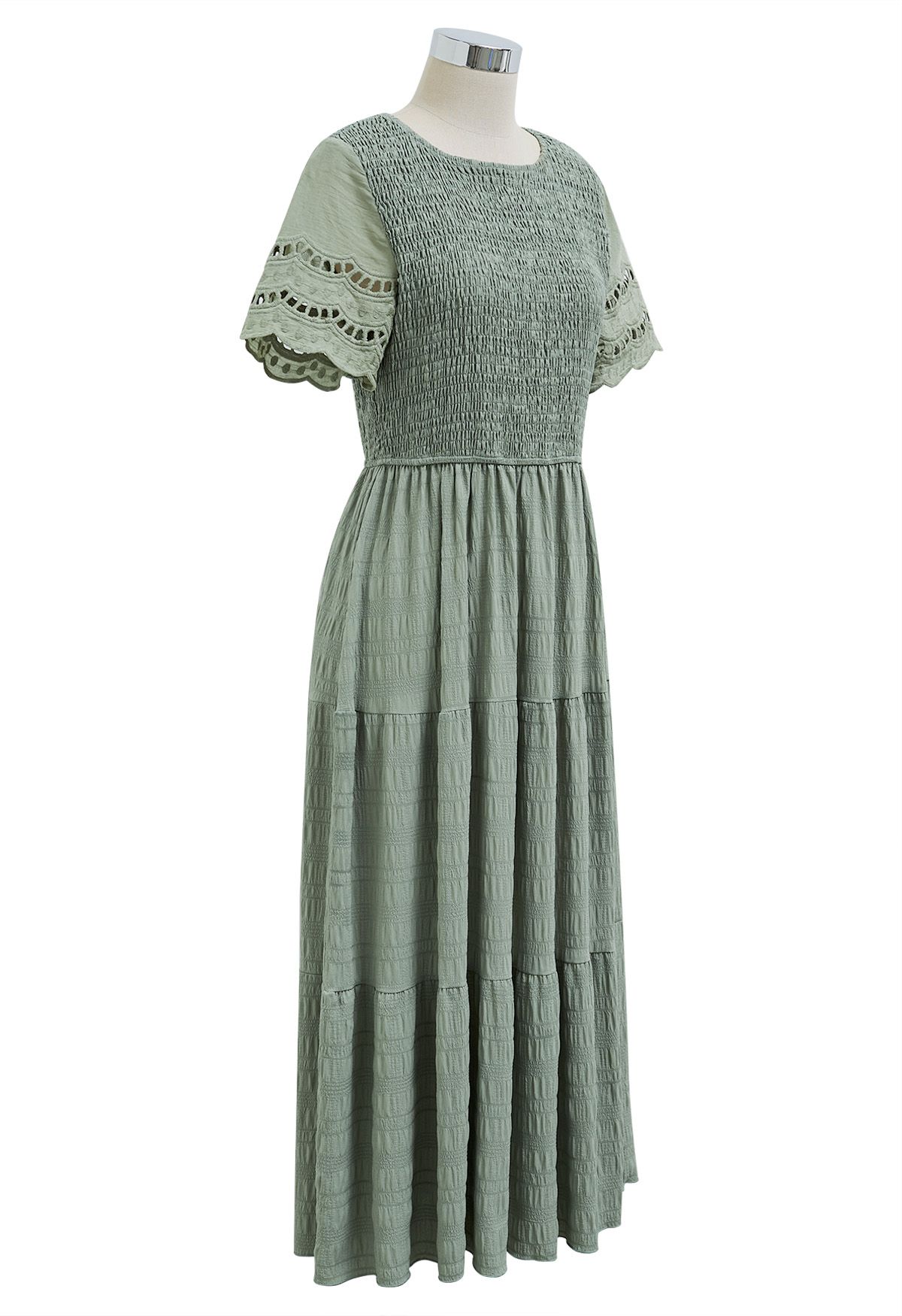 Cutwork Sleeve Shirred Bodice Midi Dress in Sage