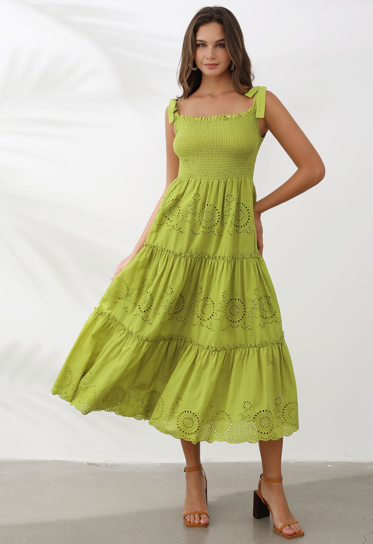 Lime Embroidery Shirred Tie-Strap Maxi Dress