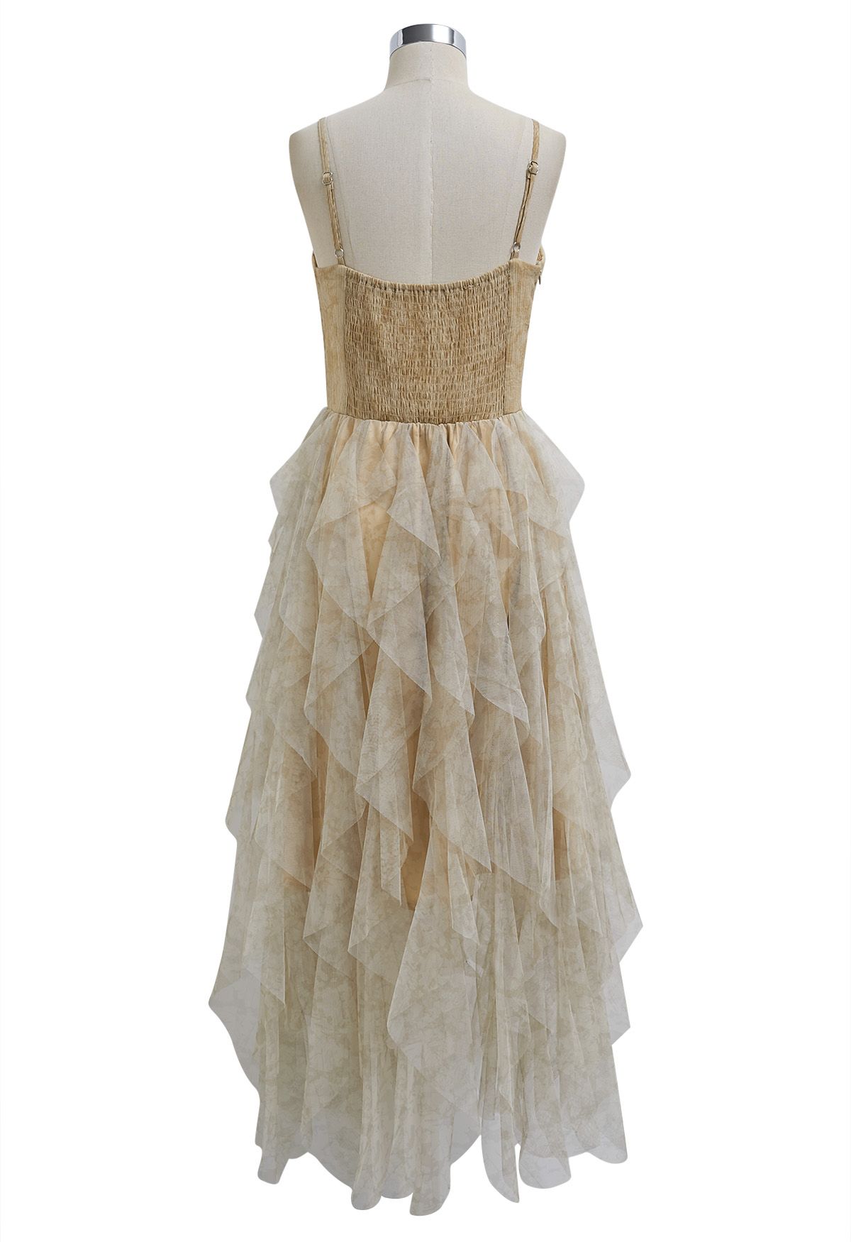 Ruffle Mesh Spliced Asymmetric Cami Dress in Tan