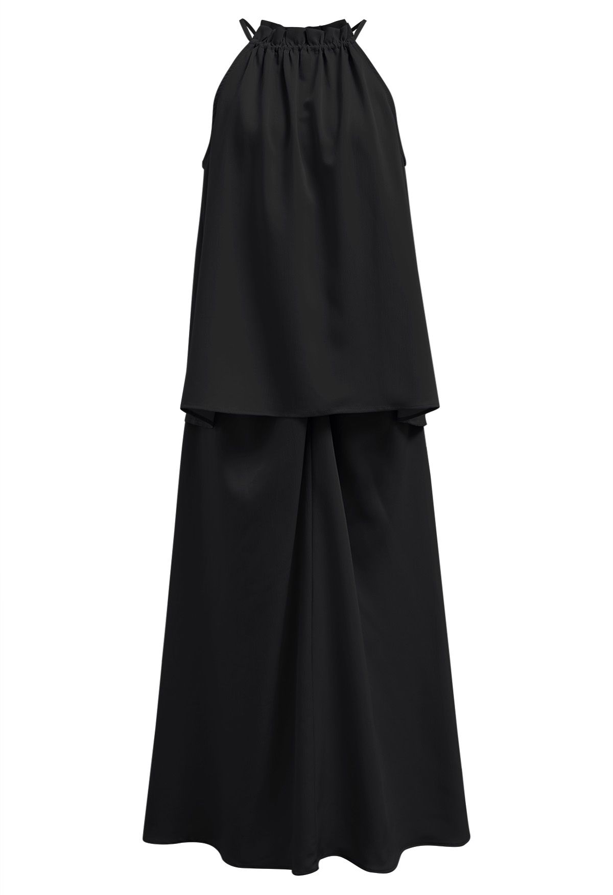 Ruffle Halter Top and Twist Front Maxi Skirt Set in Black