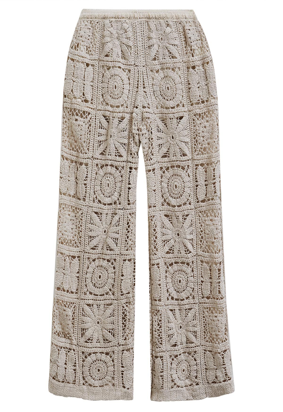 Flower Crochet Patchwork Straight Leg Pants